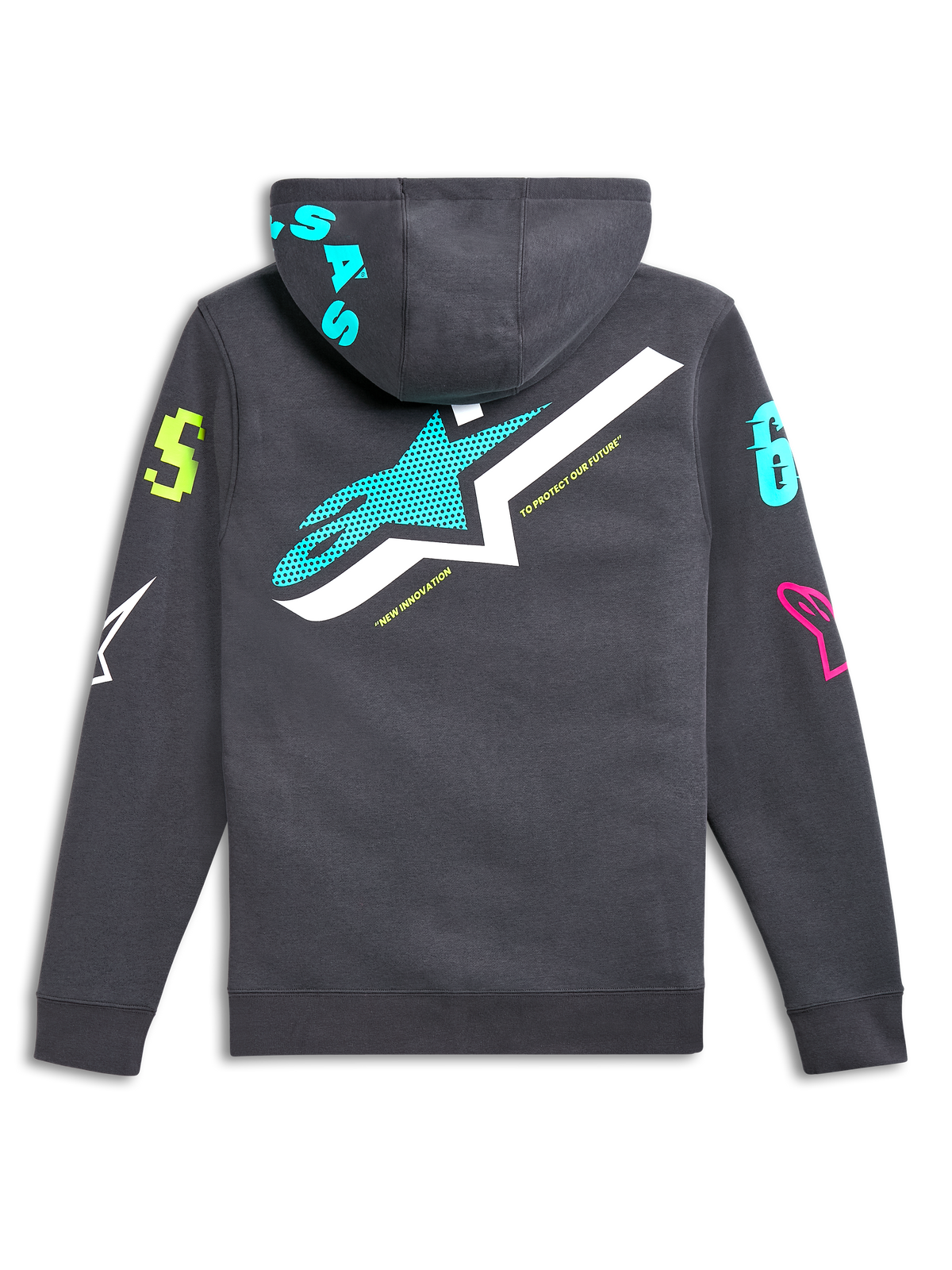 Alpinestars Variegate Hoodie, back view, gunmetal gray with large teal and white star logo, vibrant multi-colored graphic logos on sleeves and hood, casual motorsport-inspired streetwear