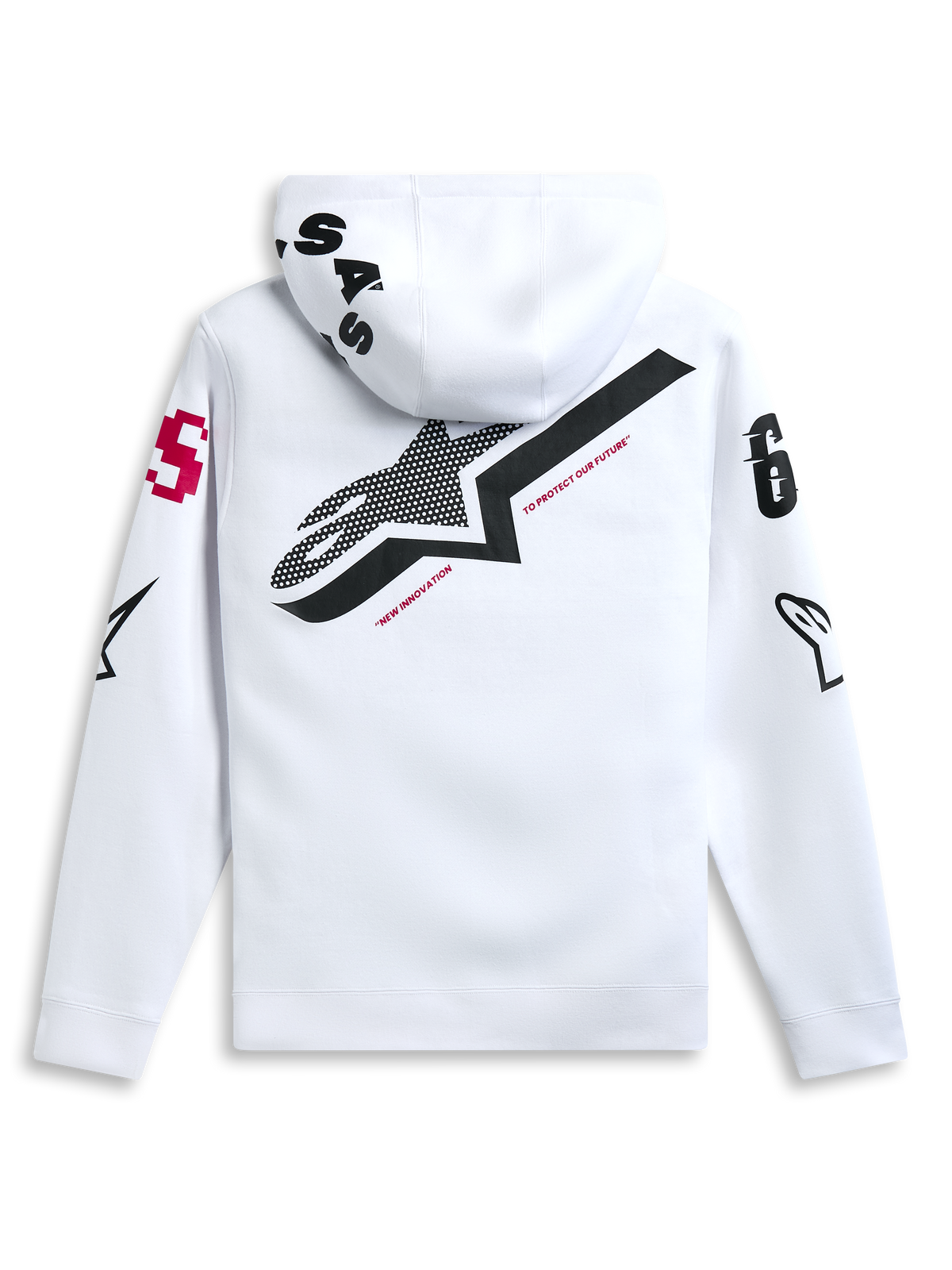 Sudadera con capucha Alpinestars Variegate, blanca, vista posterior con un gran logotipo de estrella negro y el texto 'New Innovation' en rojo, diseño de múltiples logotipos en mangas y capucha, ropa urbana casual inspirada en el automovilismo