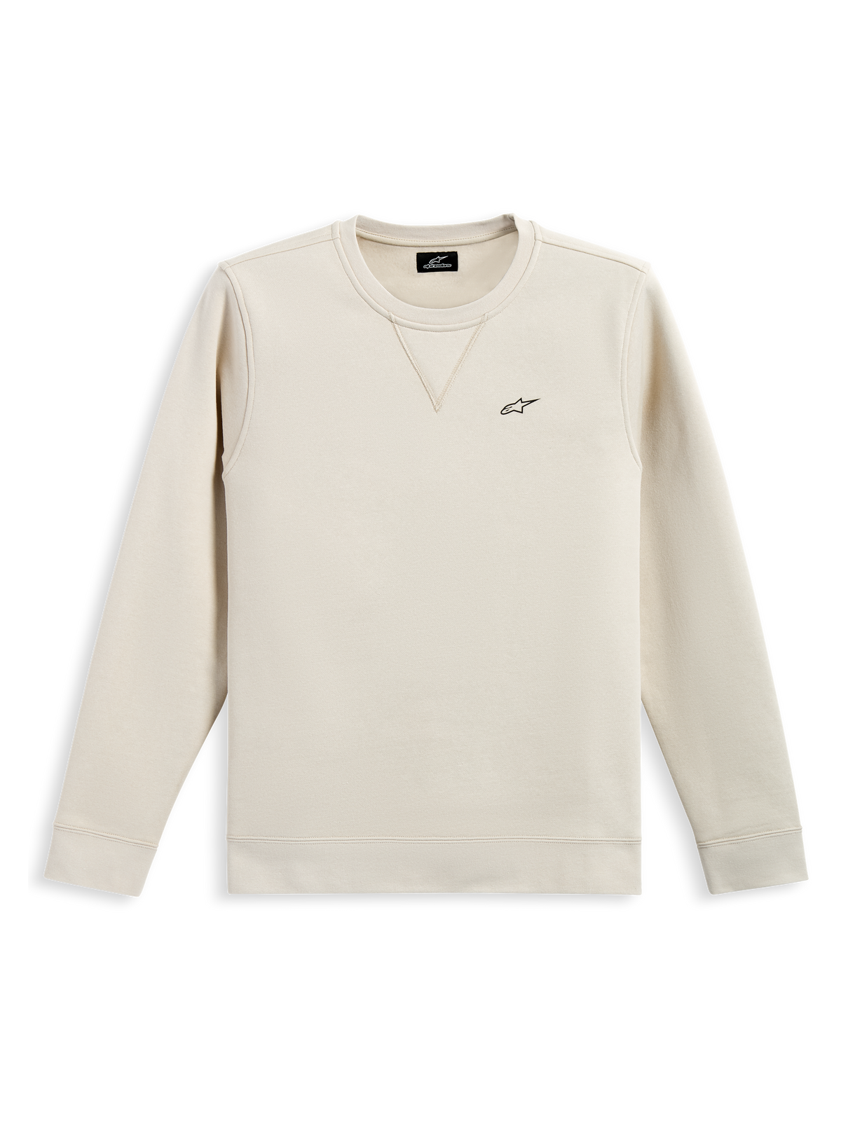 Alpinestars Positive Crew, sudadera de cuello redondo, blanco roto, pequeño logotipo negro de Alpinestars en el pecho, cuello acanalado con detalle de costura en V, puños y dobladillo acanalados, estilo streetwear casual inspirado en el automovilismo
