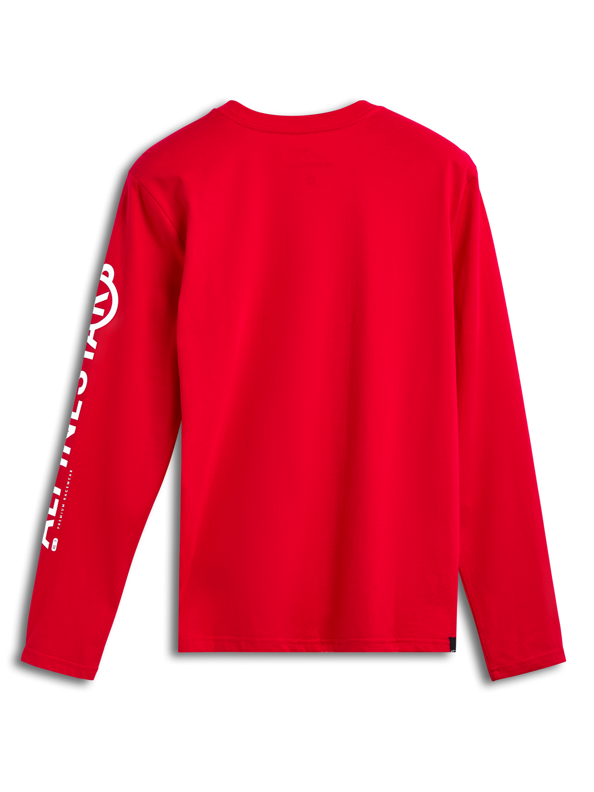 Alpinestars Committed CSF Tee, camiseta de manga larga, roja, vista posterior, logotipo vertical de Alpinestars en blanco en la manga, ropa casual inspirada en el automovilismo