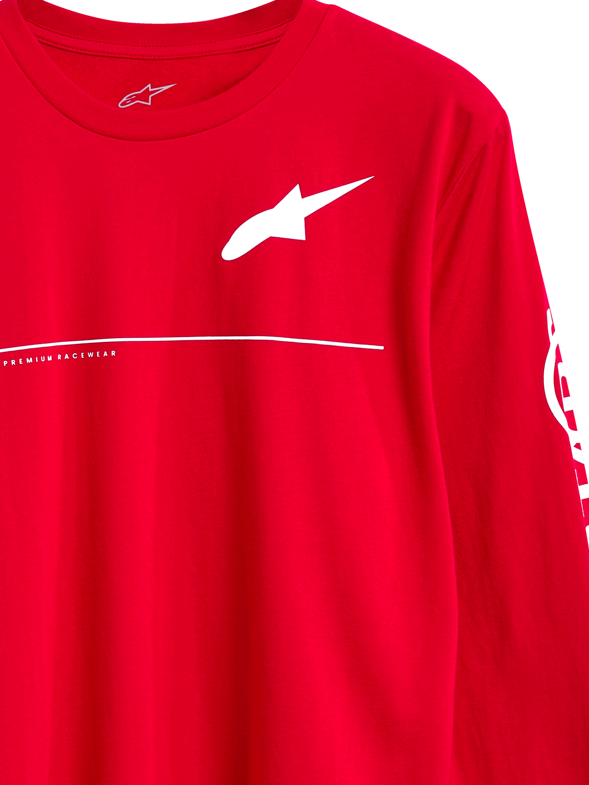 Alpinestars Committed CSF Tee, camiseta de manga larga, roja, logotipo de Astars blanco con texto Premium Racewear y línea horizontal, ropa urbana casual de automovilismo