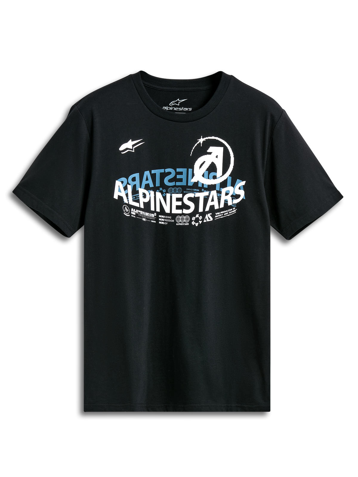 Camiseta Alpinestars Semicircle Csf, camiseta de manga corta, negra, gráfico frontal curvado semicircular de Alpinestars con acentos azules y blancos, diseño casual inspirado en el automovilismo