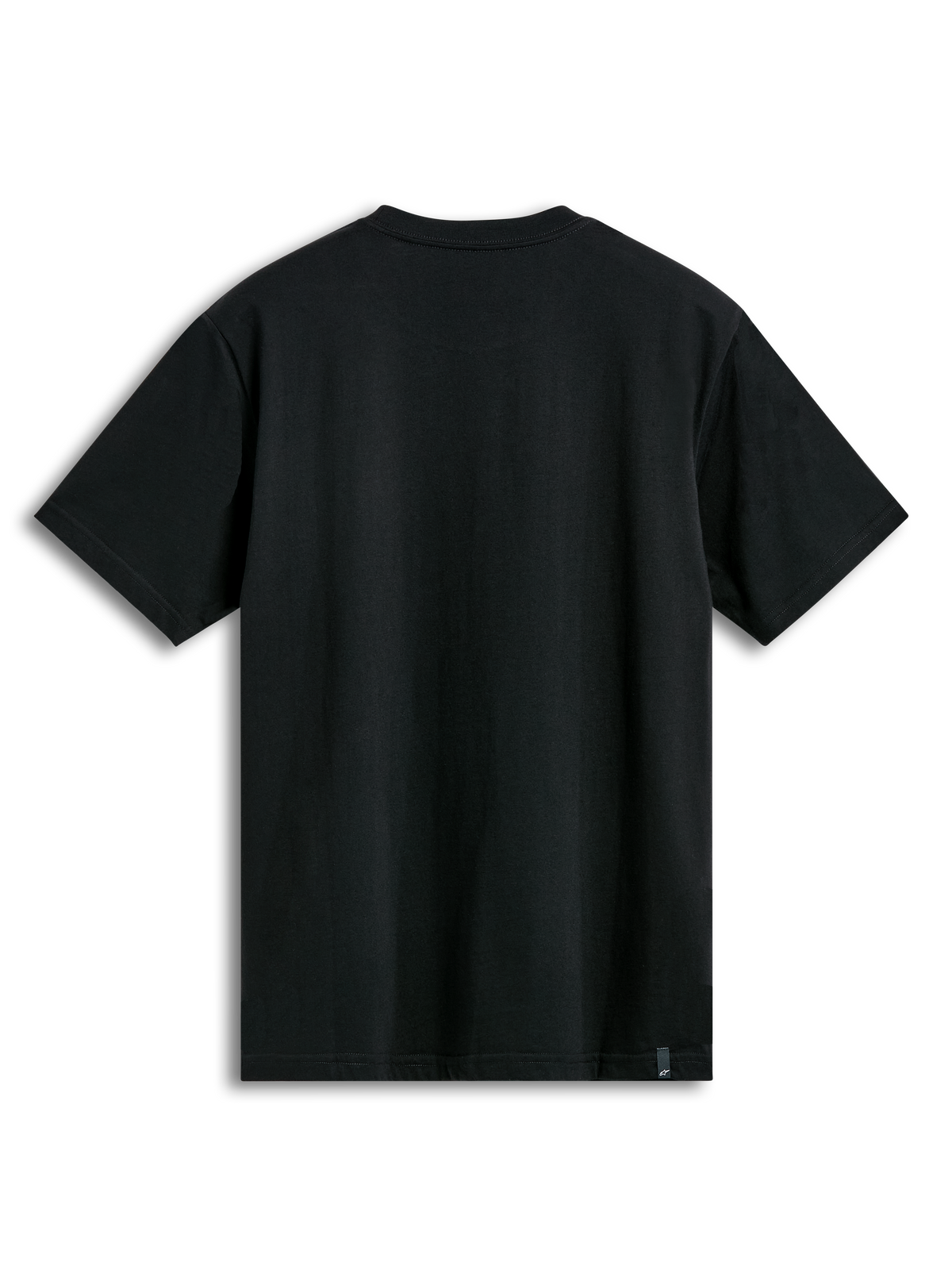 Camiseta Alpinestars Semicircle CSF, camiseta de manga corta, negra, vista posterior que muestra el tejido liso y una pequeña etiqueta de la marca en el dobladillo inferior, ropa urbana informal de motociclismo