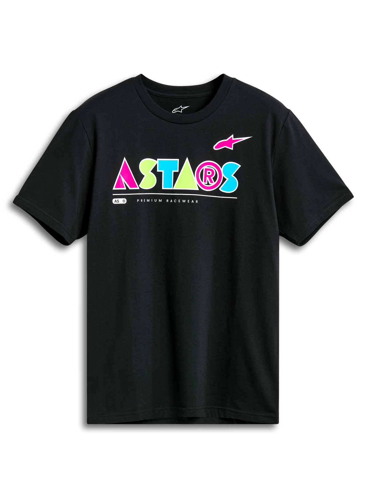 Alpinestars Cereal CSF Tee, camiseta de manga corta, negra, logotipo geométrico vibrante de ASTARS en rosa, verde lima y azul claro, ropa casual de estilo urbano y motorsport