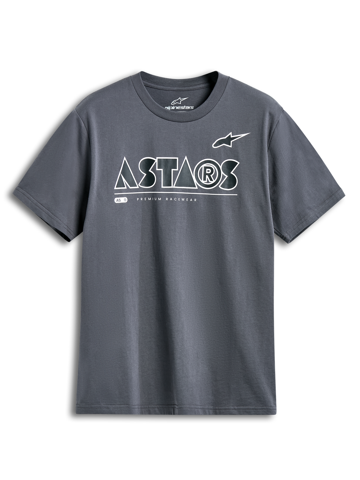 Camiseta Alpinestars Cereal CSF, camiseta de manga corta, color carbón, logo geométrico ASTARS blanco con texto Premium Racewear, ropa casual de estilo urbano y motorsport