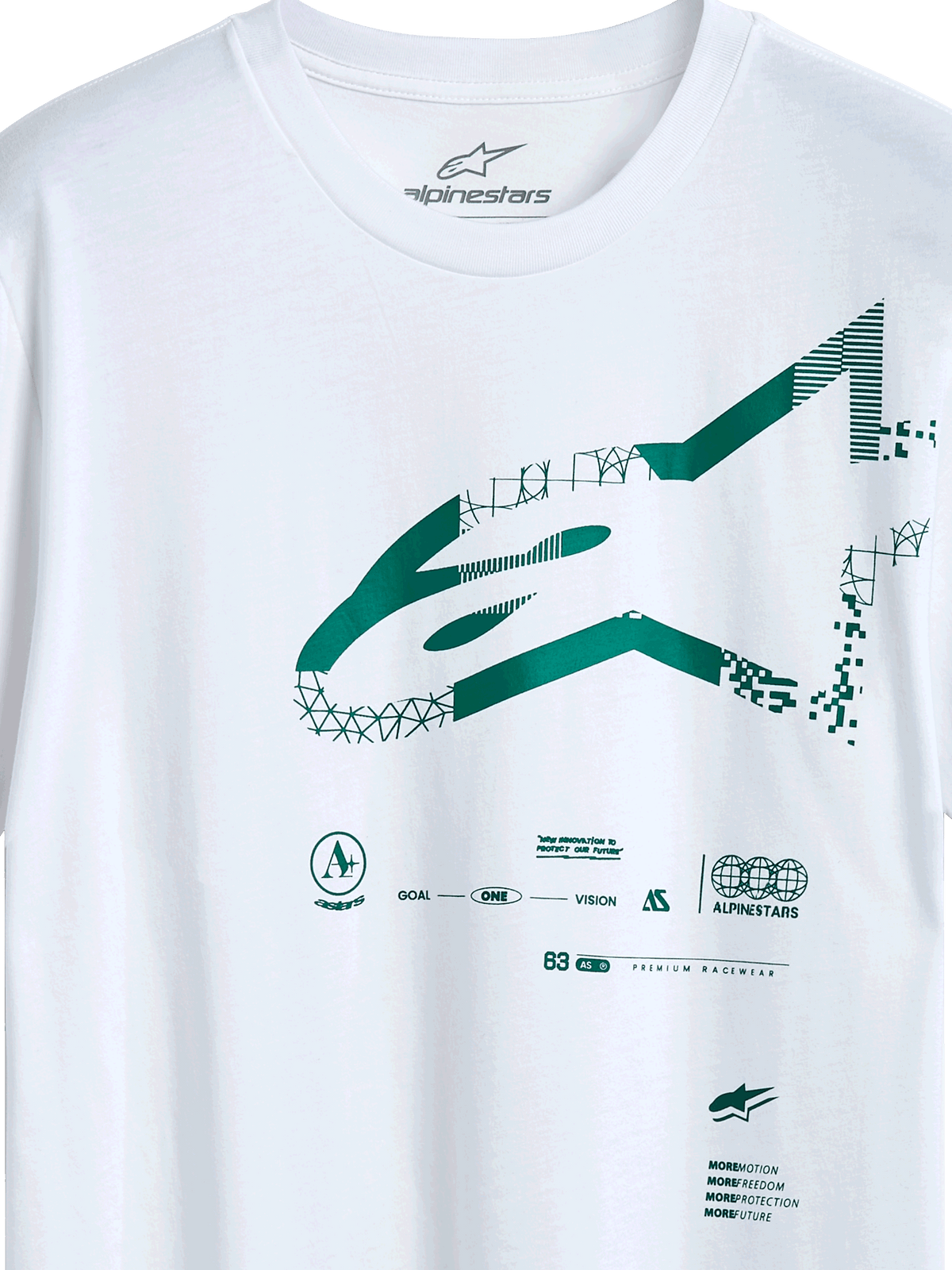 Alpinestars Geografica CSF Tee, camiseta de manga corta, blanca, logotipo de Astars en verde con gráficos geométricos y pixelados, estilo casual de motorsport y streetwear