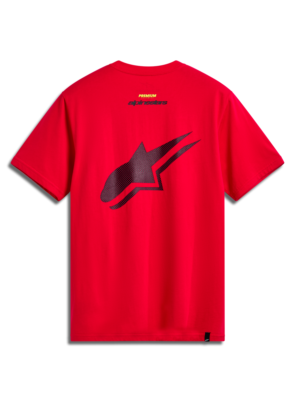 Camiseta Alpinestars Formulate CSF, camiseta de manga corta, roja, vista trasera con gran logotipo de Astars negro perforado, estilo de ropa deportiva casual de motor