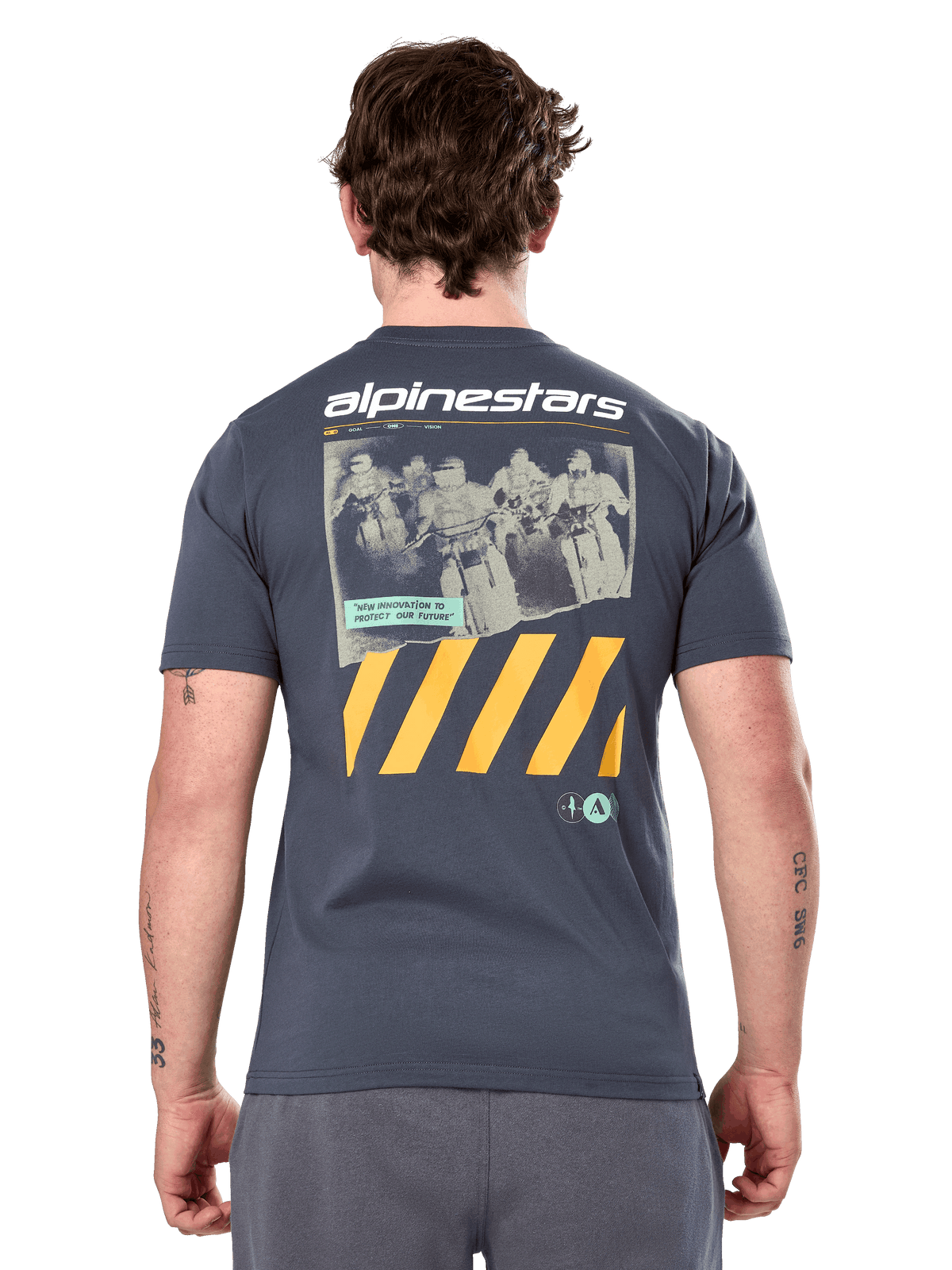 Alpinestars No Barrier Csf Tee, Short Sleeve T-Shirt, Charcoal, Large back graphic with distressed motocross photography and yellow diagonal stripes, Casual Motorsport Sportswear