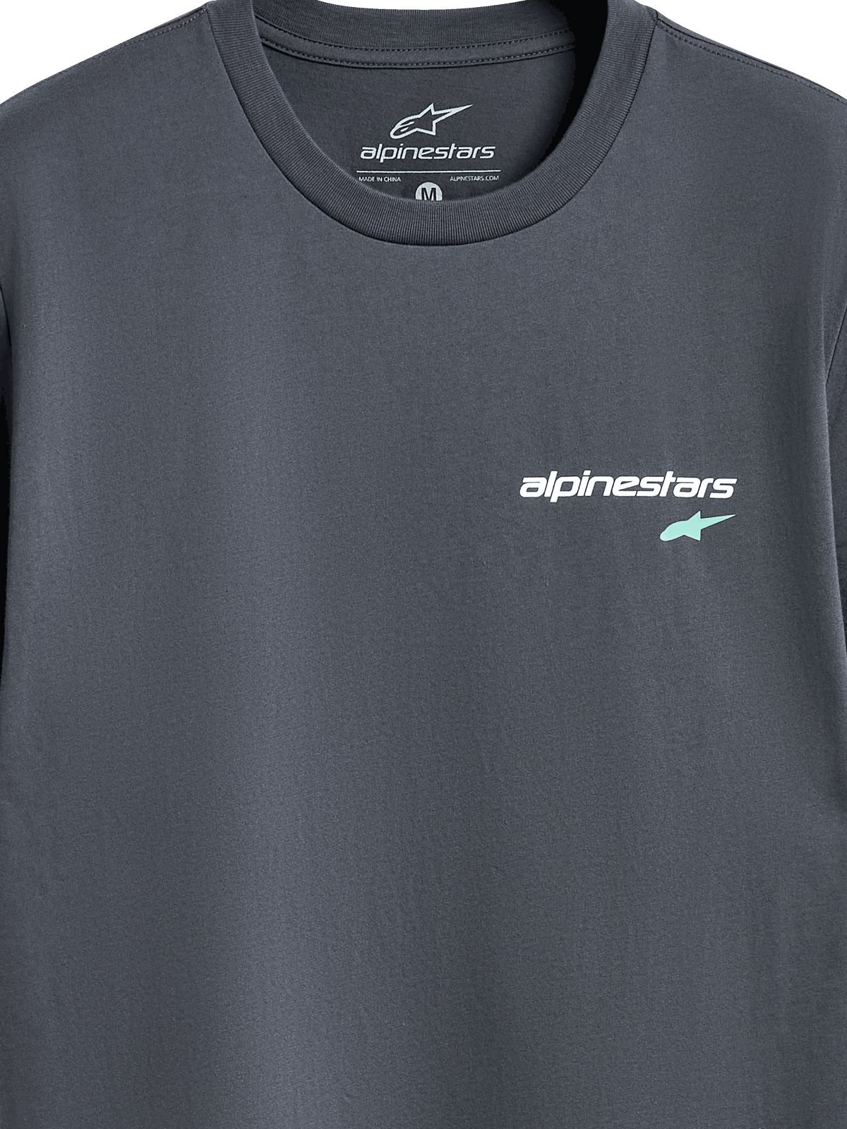 Alpinestars No Barrier CSF Tee, Short Sleeve T-Shirt, Charcoal, close-up of front chest logo with white Alpinestars text and light blue star symbol, casual motorsport streetwear