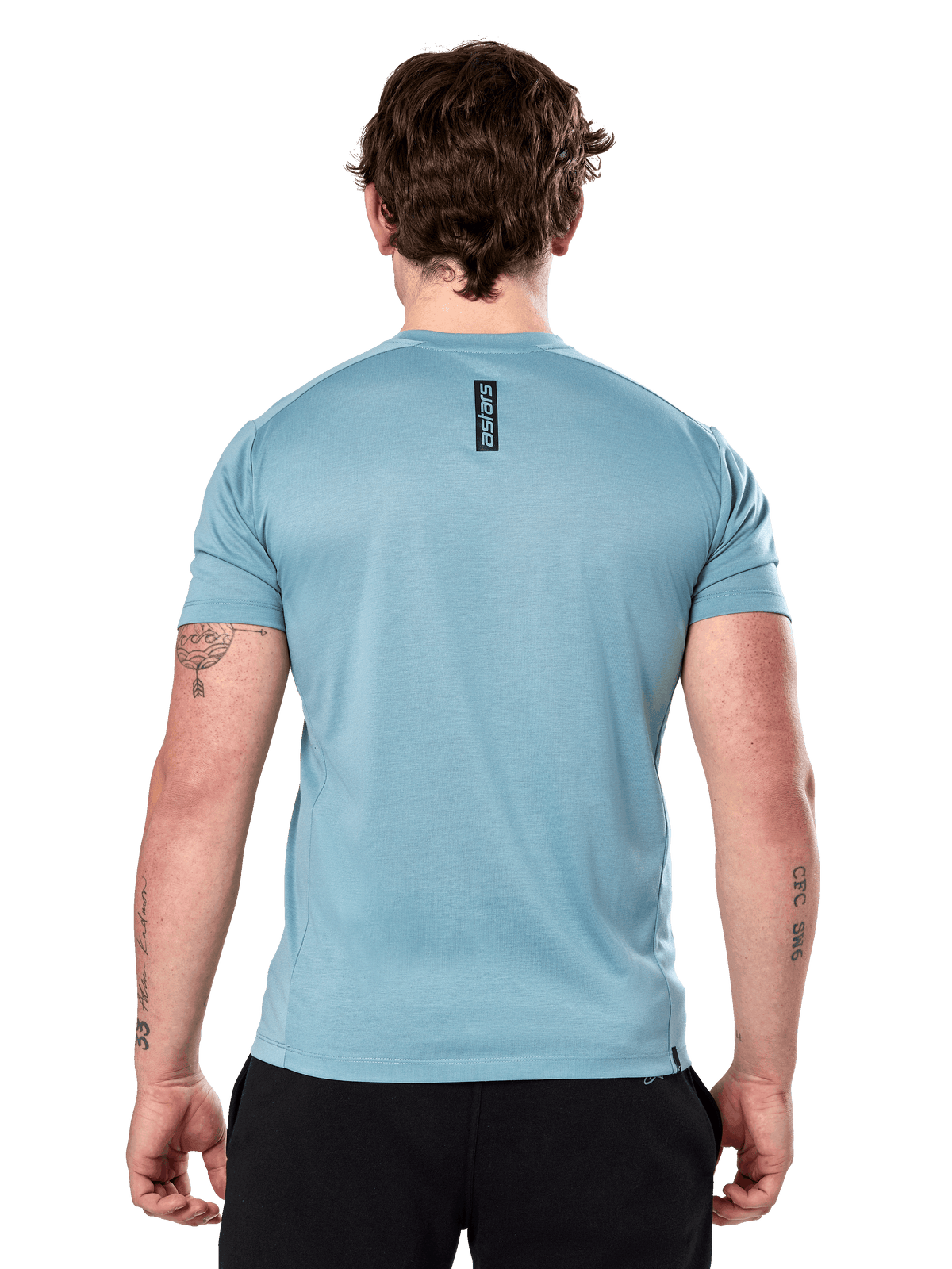 Alpinestars Point Performance Tee de manga corta, azul hielo, vista trasera con logotipo vertical negro 'astars' en la parte superior de la espalda, tejido técnico con absorción de humedad, ropa deportiva casual