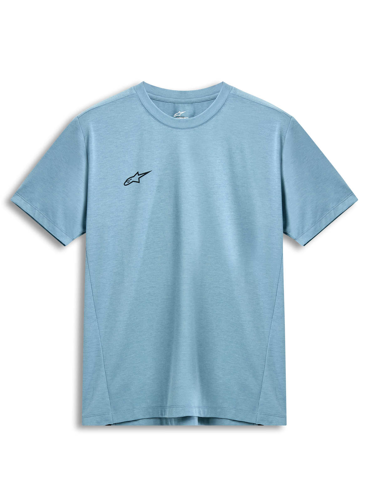 Camiseta Alpinestars Point Performance de manga corta, azul hielo, pequeño logo de estrella negro en el pecho, cuello redondo, tejido técnico sostenible y transpirable, ropa urbana casual de estilo motorsport