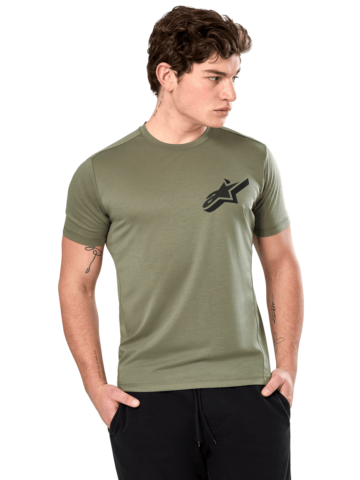 Alpinestars Attrition Performance Tee, Short Sleeve T-Shirt, Light Green, black Astars logo on chest, worn by model with black pants, casual performance sportswear