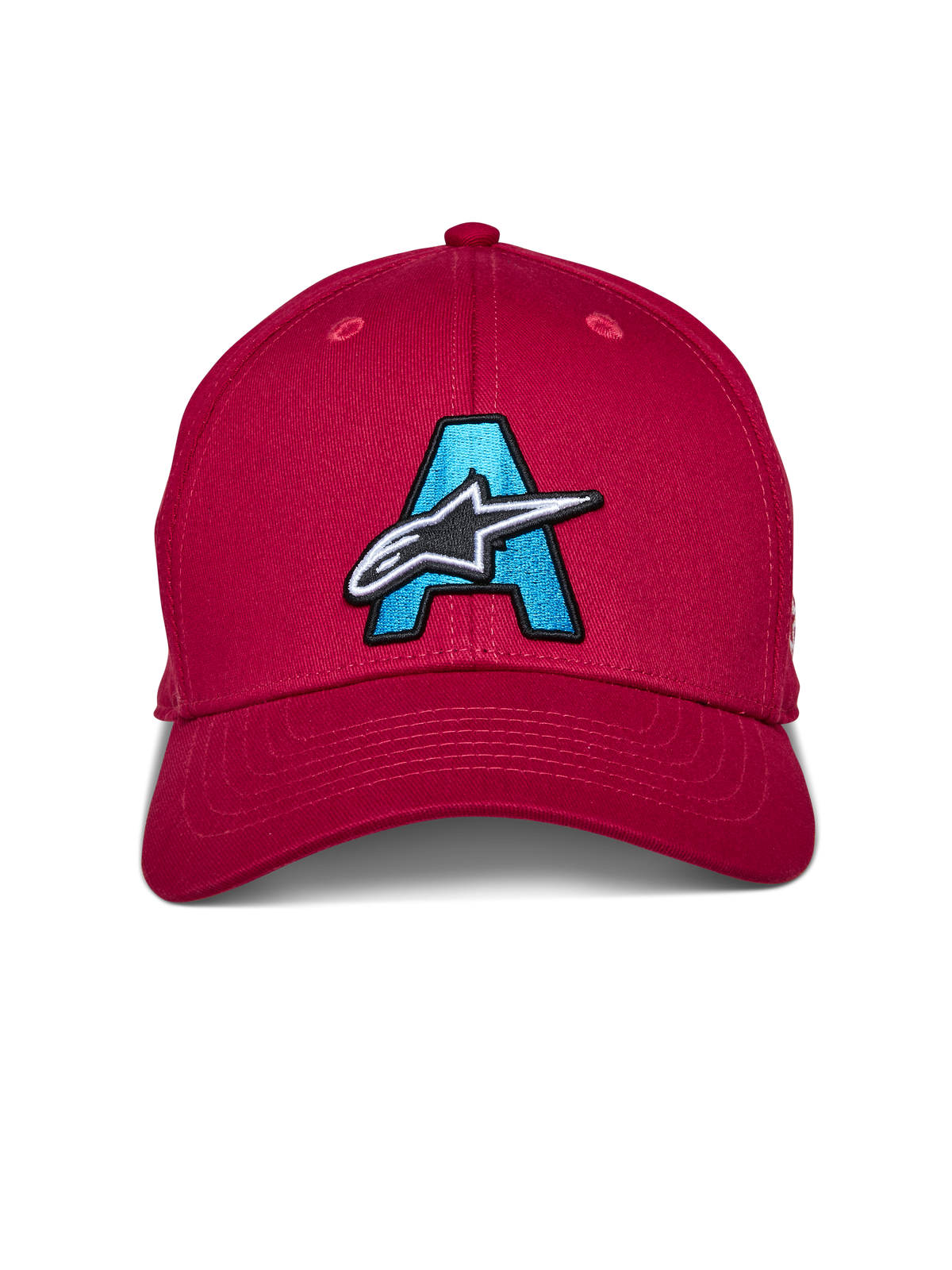 Gorra Alpinestars Elemental, Roja, gorra estructurada de visera curva con una gran 'A' bordada en azul claro y el logotipo de la estrella de Alpinestars en blanco y negro en la parte frontal, accesorio casual de motociclismo