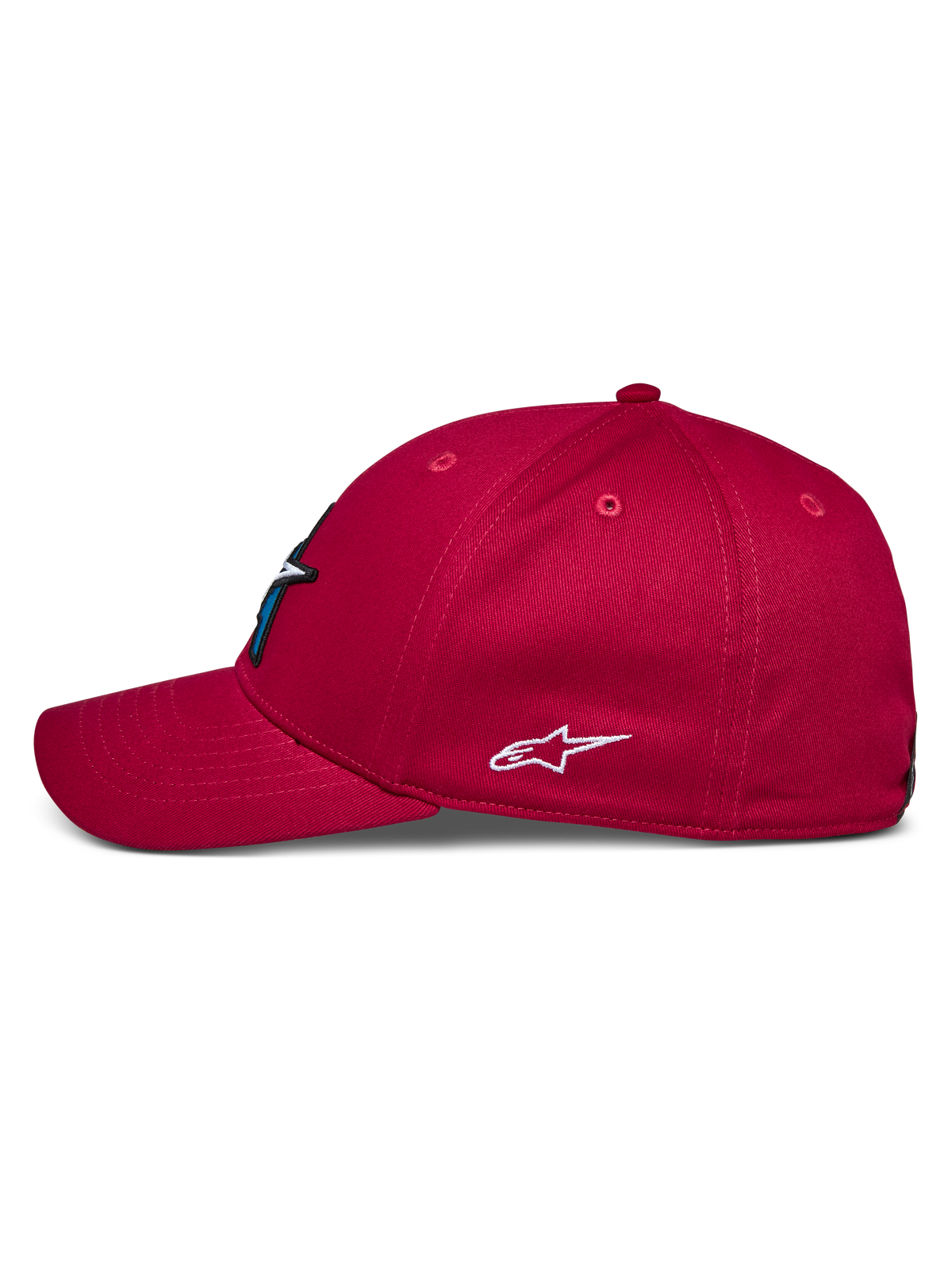 Gorra Alpinestars Elemental, roja, vista de perfil lateral, visera curva y copa estructurada, logotipo de Alpinestars bordado en blanco en el lateral, accesorio casual de inspiración motorsport