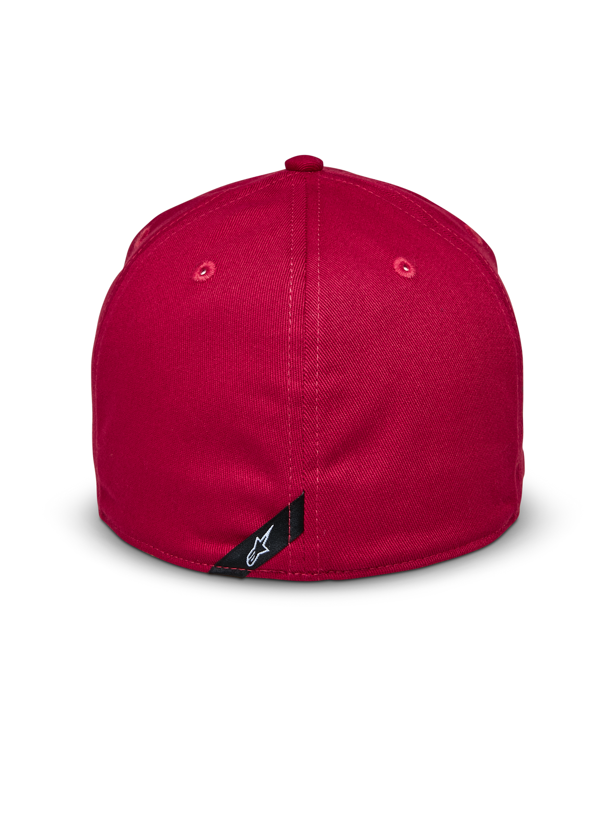 Gorra Elemental de Alpinestars, roja, vista trasera, diseño de ajuste flexible con copa estructurada, tejido de sarga elástica, con una pequeña etiqueta negra con el logotipo blanco de Alpinestars, accesorio casual inspirado en el automovilismo