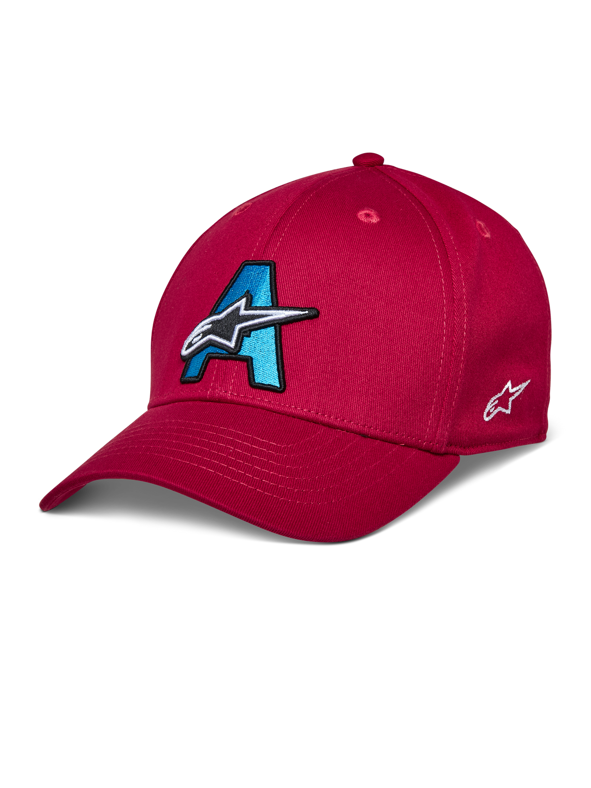 Gorra Alpinestars Elemental, gorra de béisbol roja, logotipo A bordado en 3D en azul cian y negro, diseño de estrella blanca, visera curva, copa estructurada, accesorio casual para deportes de motor