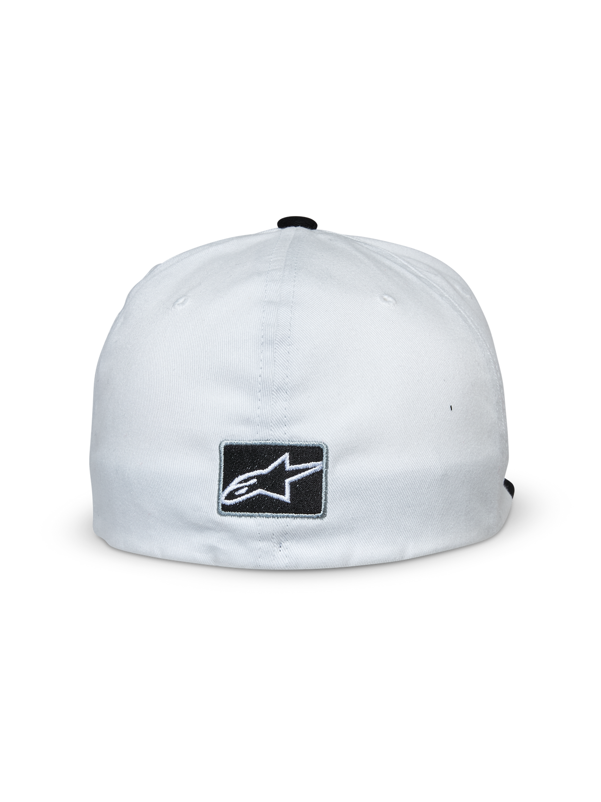 Gorra Alpinestars Franchise, blanca y negra, vista trasera con un parche rectangular negro y logo de estrella Alpinestars en blanco, diseño de parte trasera flexible, accesorio casual inspirado en el motociclismo.