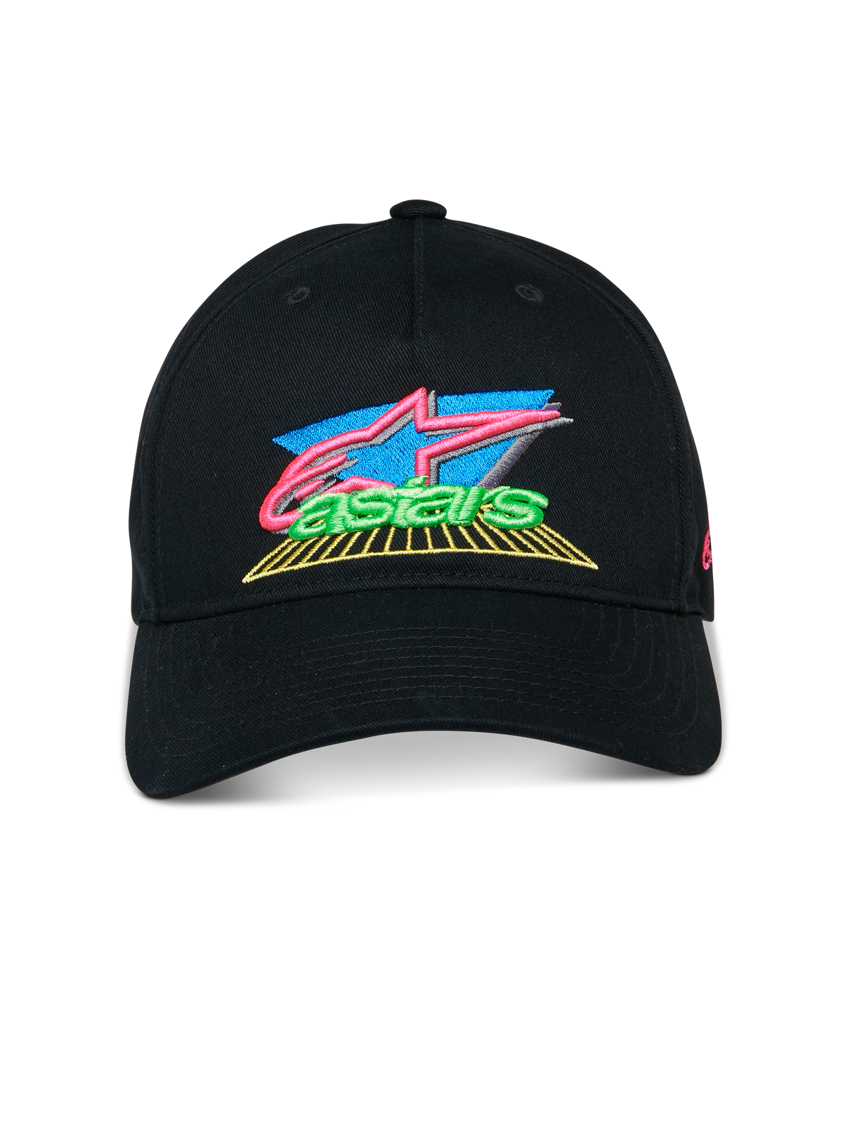 Alpinestars Vivid Hat, Black, Curved bill baseball cap, vibrant 3D embroidered logo with pink, blue, and green accents, semi-structured low crown, casual motorsport streetwear