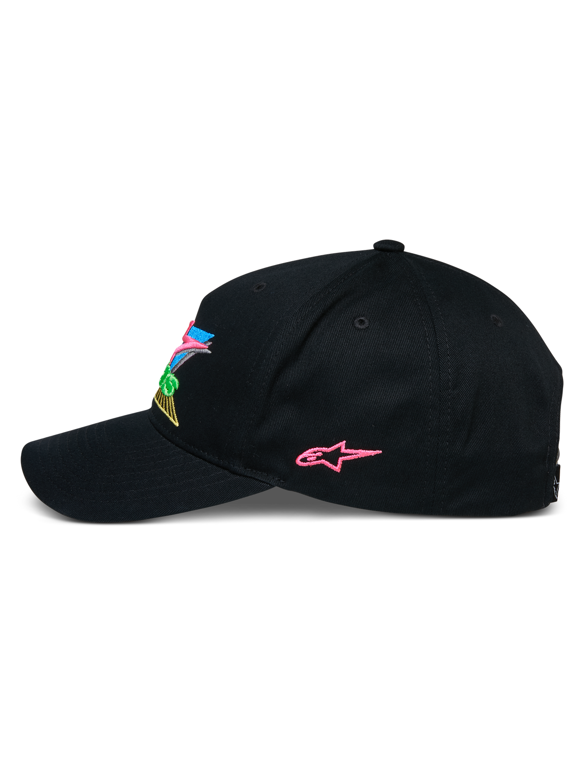 Alpinestars Vivid Hat, gorra de béisbol negra con cierre de presión, perfil lateral con logotipo de estrella bordado en rosa y marca frontal colorida en 3D, visera curva, estilo urbano casual inspirado en el automovilismo