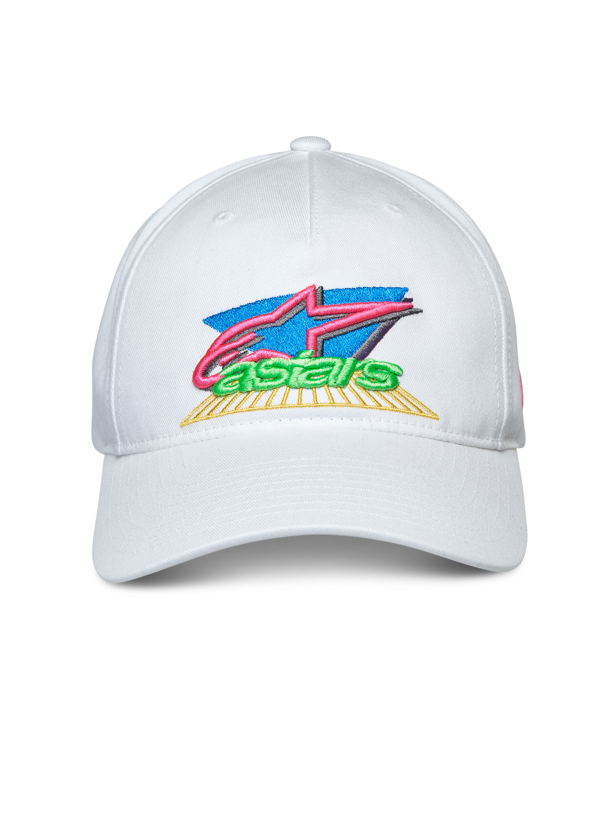 Gorra Alpinestars Vivid, blanca, gorra snapback con visera curva, bordado frontal de logotipo colorido en 3D y plano, ropa deportiva casual