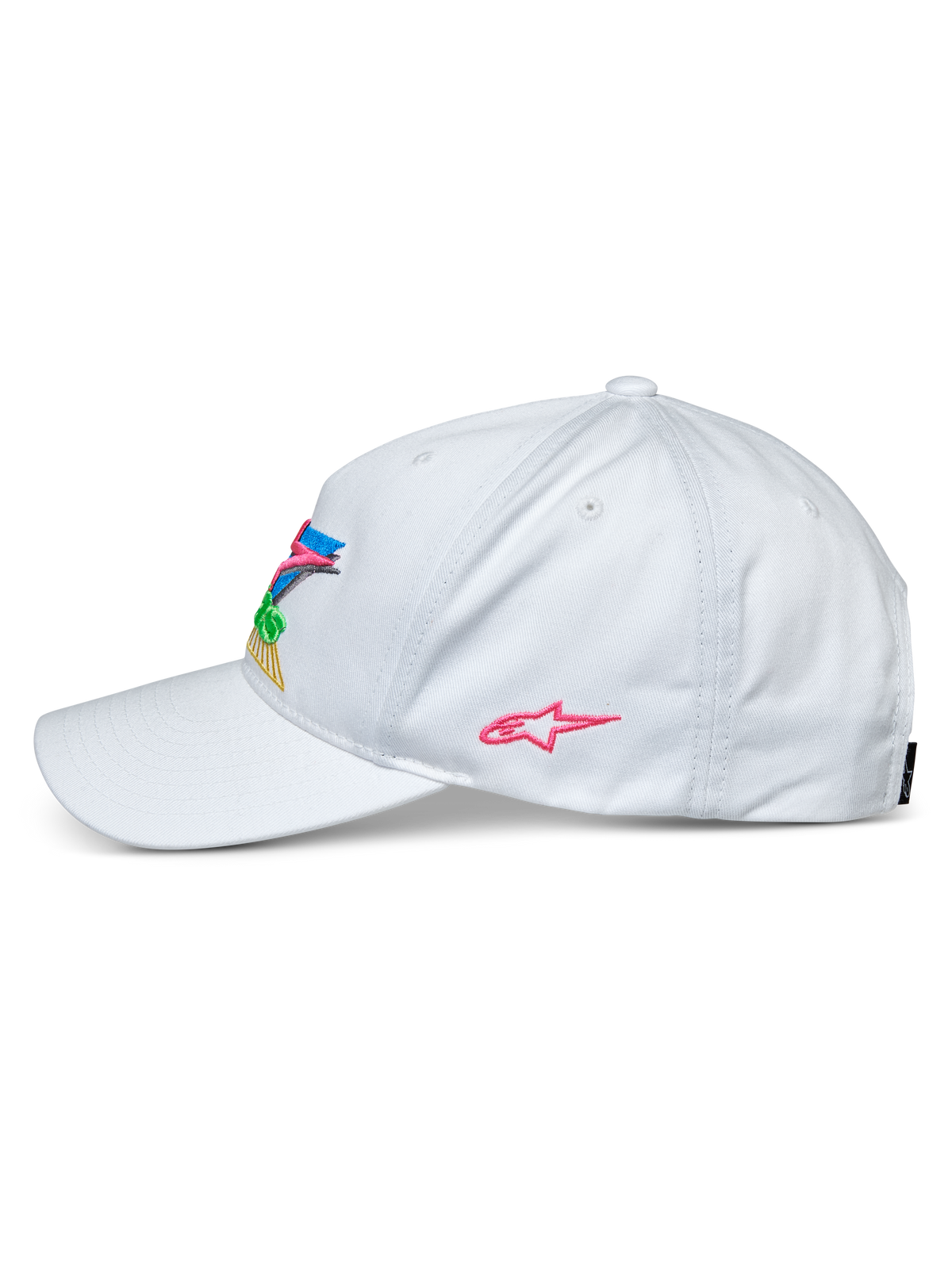Alpinestars Gorra Vivid, blanca, vista lateral de una gorra de béisbol, visera curvada y copa baja semiestructurada, con bordado 3D colorido en el frente y un logo de estrella rosa en el lateral, accesorio deportivo casual