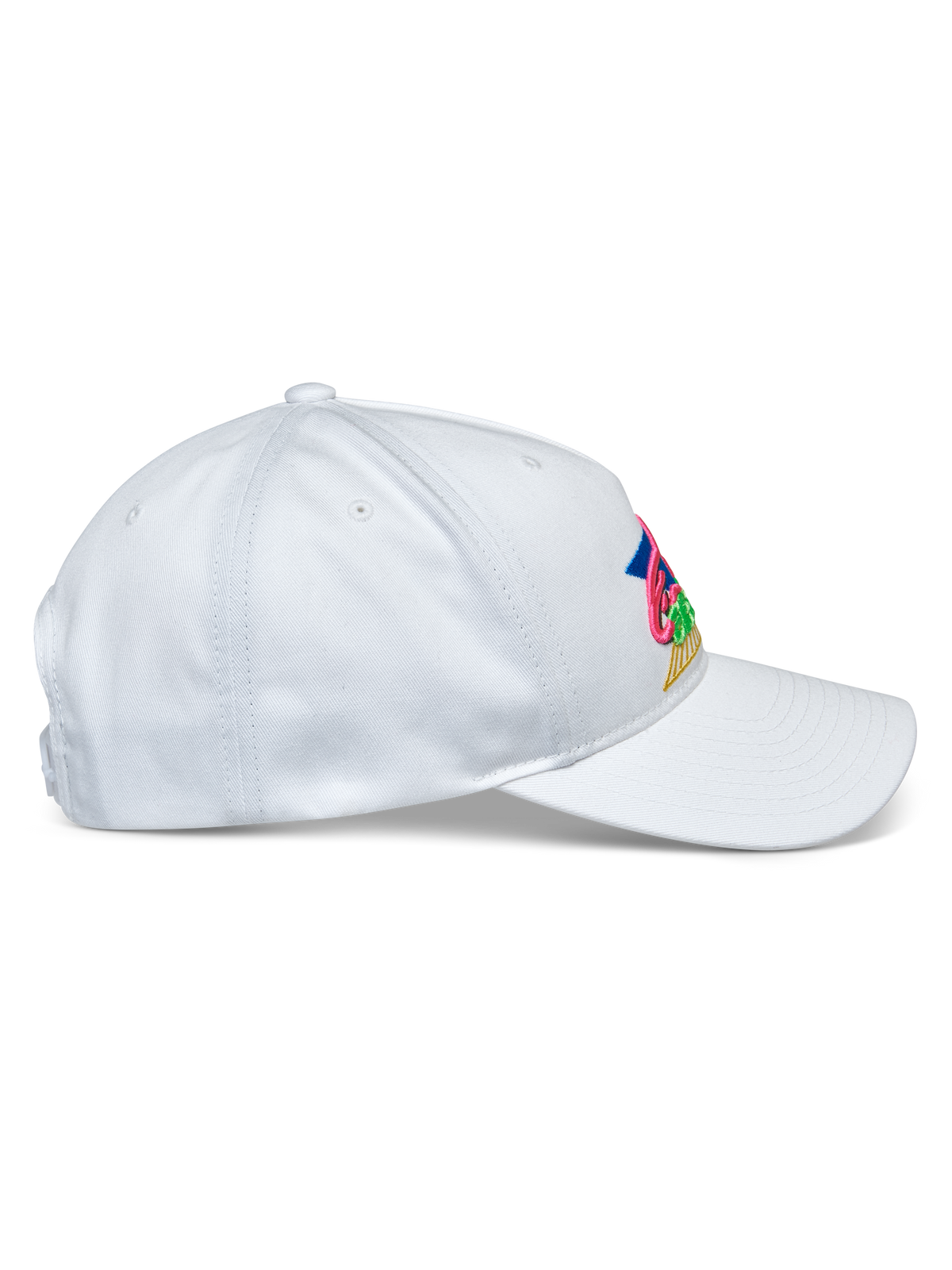 Gorra Alpinestars Vivid, blanca, vista de perfil, gorra de béisbol de copa baja semiestructurada con visera curva, tejido de sarga de algodón, con un vibrante bordado multicolor en la parte frontal, accesorio de estilo deportivo casual