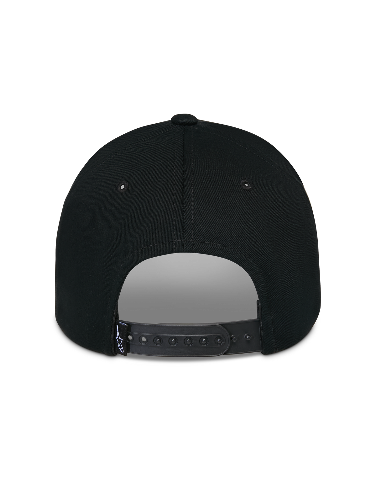 Alpinestars Luminary Hat, Black, rear view showing adjustable snapback closure and small woven logo label, structured cotton crown, casual motorsport-inspired headwear