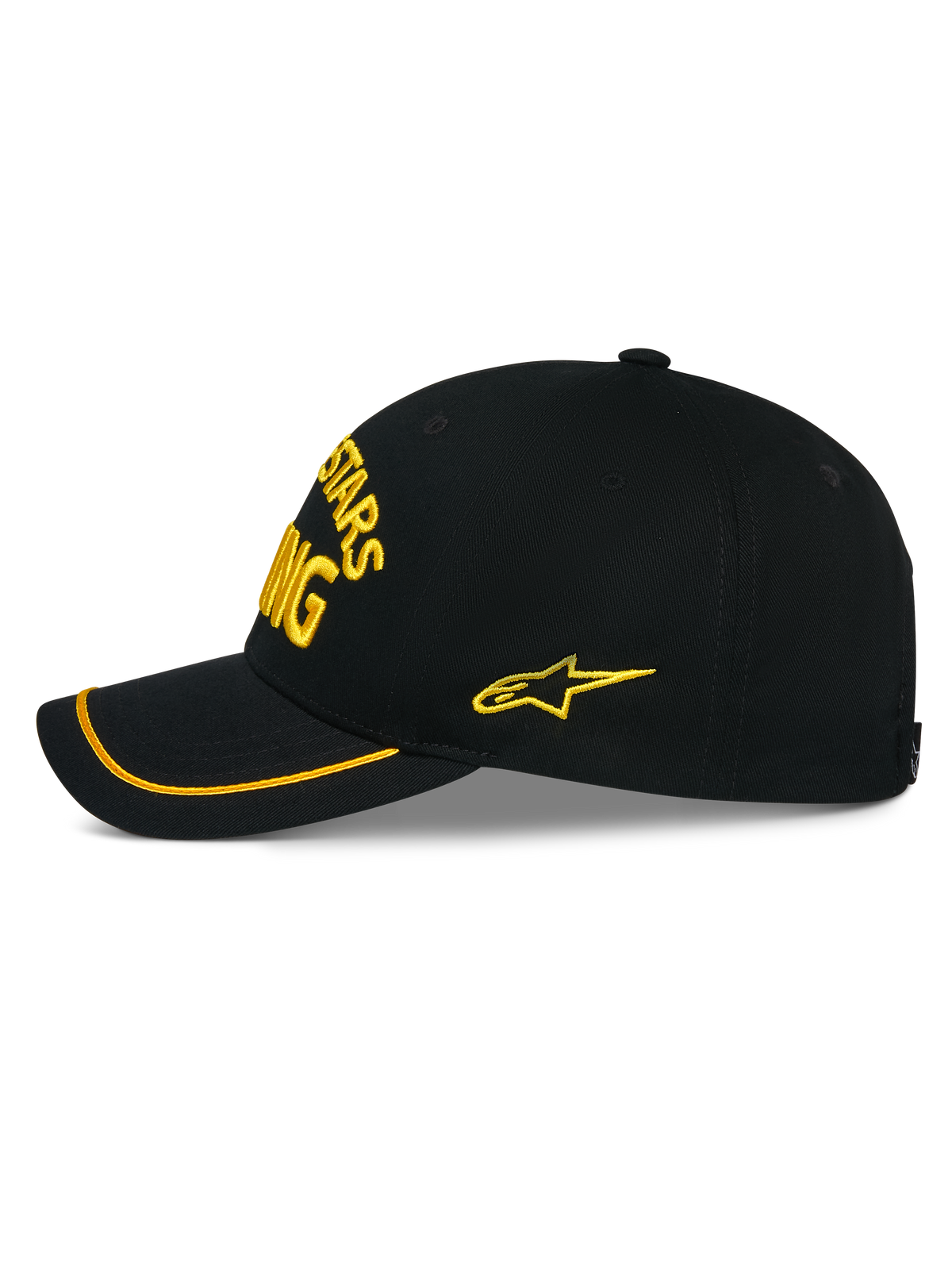 Alpinestars Luminary Hat, Black snapback cap shown from the side, yellow 3D embroidery on the front and side, curved bill with yellow sutache trim, structured cotton twill construction