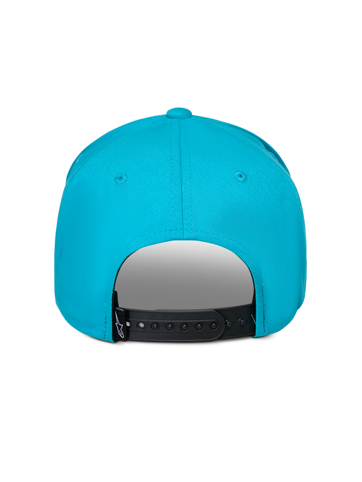 Gorra Alpinestars Luminary, azul aqua, vista trasera con cierre a presión ajustable en color negro, pequeña etiqueta negra con logo, sarga de 100% algodón, accesorio deportivo casual.