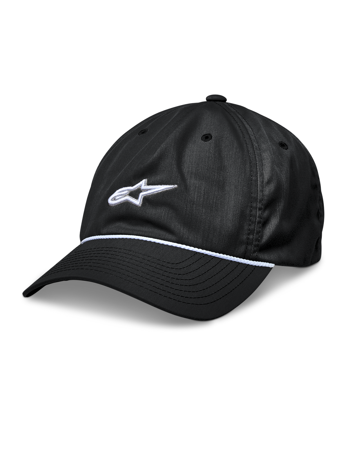 Gorra Alpinestars Tyler, gorra de béisbol negra tipo snapback, visera curva con detalle de cordón trenzado blanco, logotipo de estrella bordado en 3D blanco, corona baja no estructurada, accesorio deportivo casual