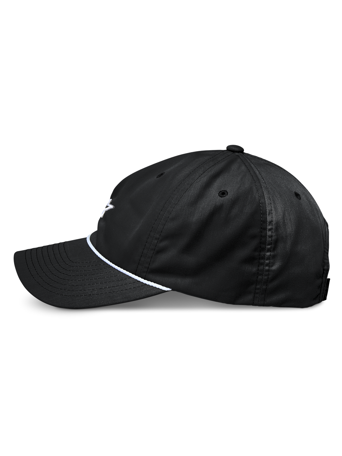 Gorra Tyler de Alpinestars, gorra de béisbol snapback negra, vista de perfil lateral, con visera curva y ribete de cuerda trenzada blanca, corona baja no estructurada, fabricada en sarga reciclada, diseño informal inspirado en el automovilismo