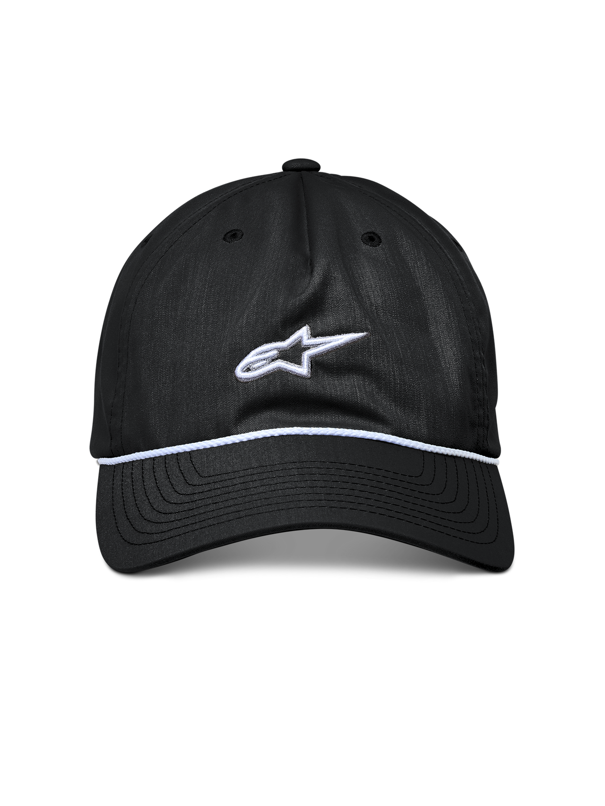 Gorra Tyler de Alpinestars, gorra snapback negra, visera curva con ribete de cuerda trenzada blanca, logotipo Astars bordado en blanco, ropa deportiva casual