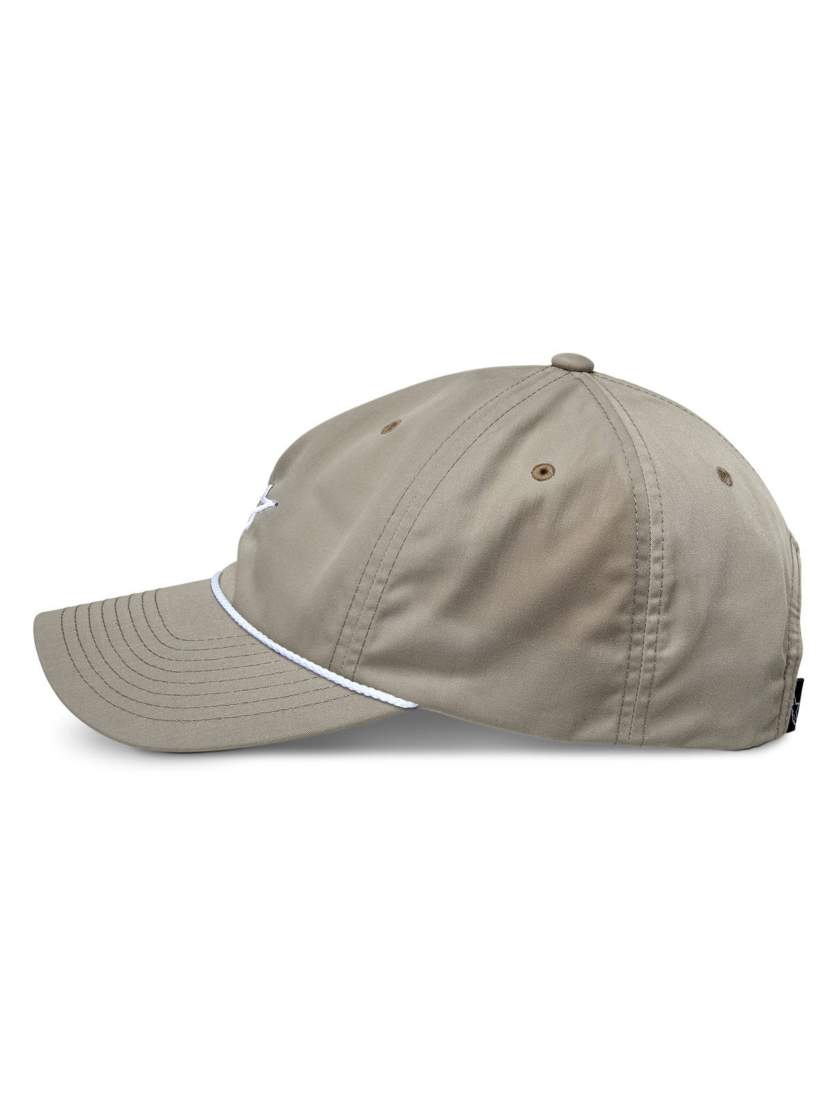 Gorra Alpinestars Tyler, color kaki, perfil lateral que muestra la visera curva y el ribete de cuerda trenzada blanca, gorra de corona baja no estructurada, ropa deportiva casual.