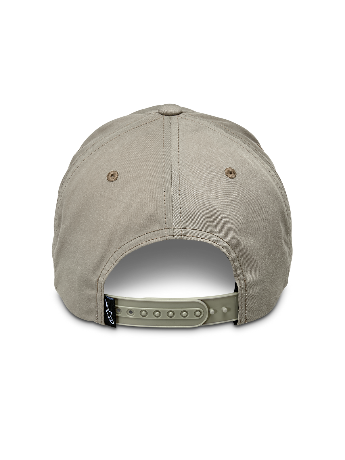 Gorra Tyler de Alpinestars, caqui, vista trasera que muestra el cierre snapback ajustable y una pequeña etiqueta negra de la marca, diseño de corona baja no estructurada en tejido de sarga reciclada, gorra deportiva casual