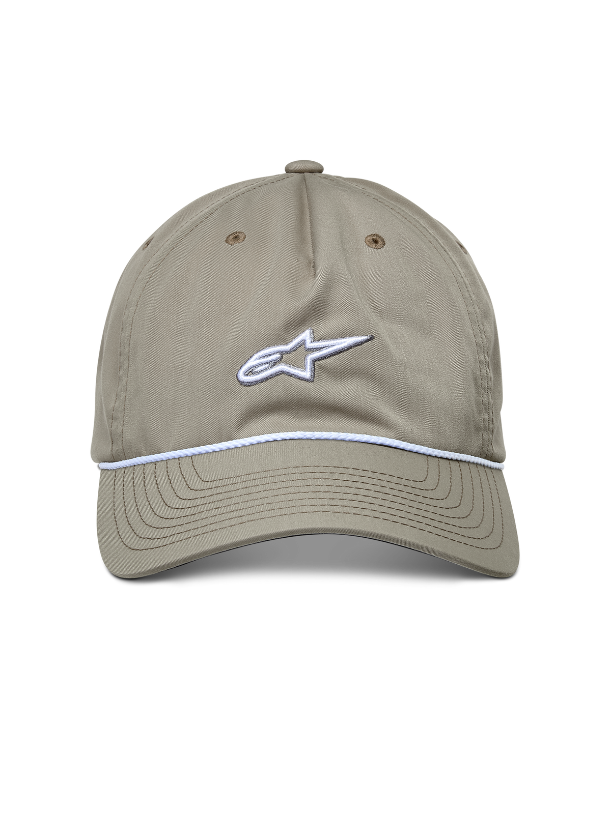 Gorra Alpinestars Tyler, gorra deportiva casual, color kaki, vista frontal con logotipo bordado en blanco y ribete de cuerda trenzada, visera curva, diseño de corona baja relajada