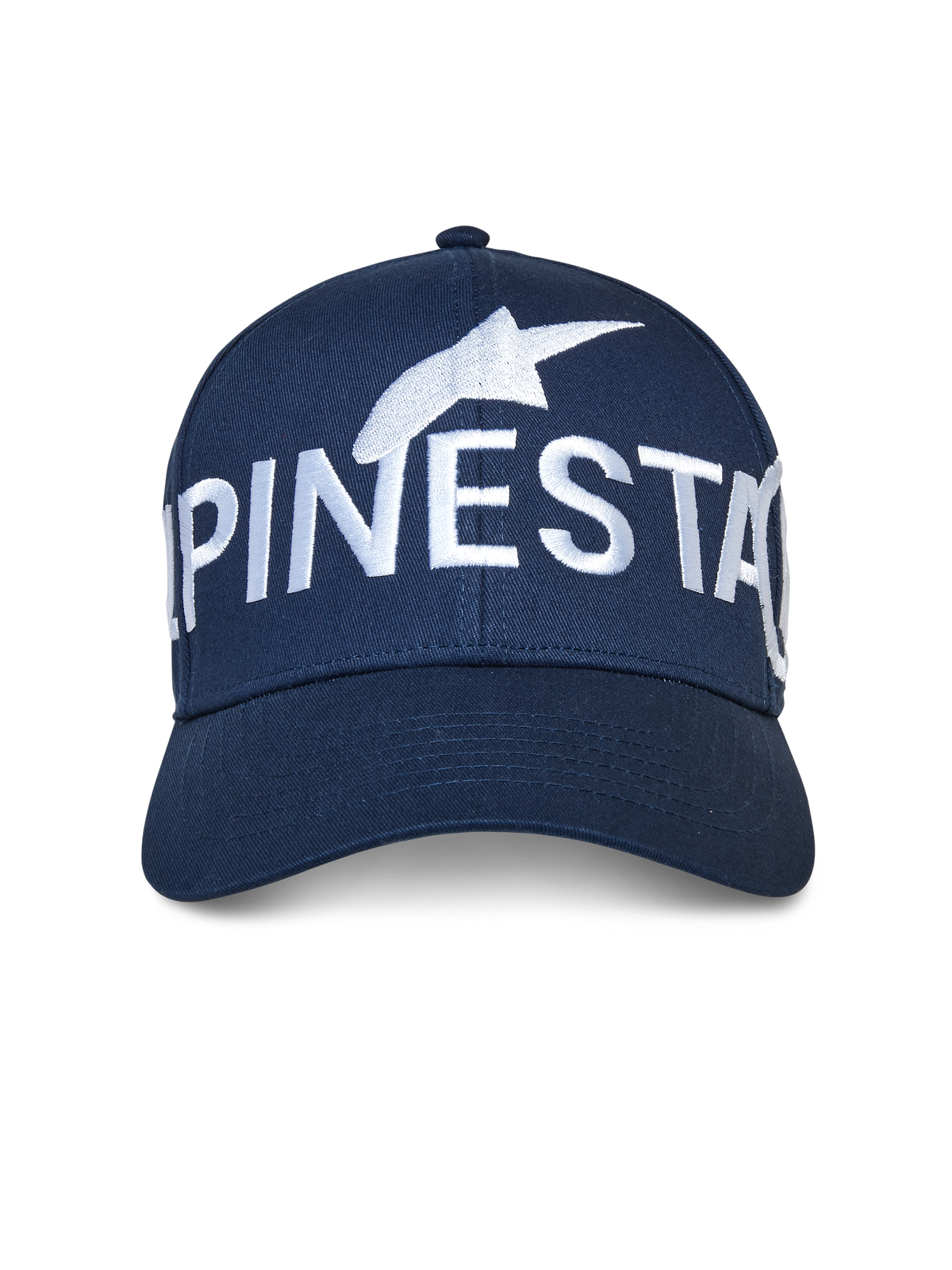 Gorra Alpinestars Committed, azul marino, gorra de béisbol tipo snapback, con un logotipo de Alpinestars bordado en blanco de gran tamaño en la parte frontal, copa estructurada con visera curva, estilo casual de moda urbana motorsport