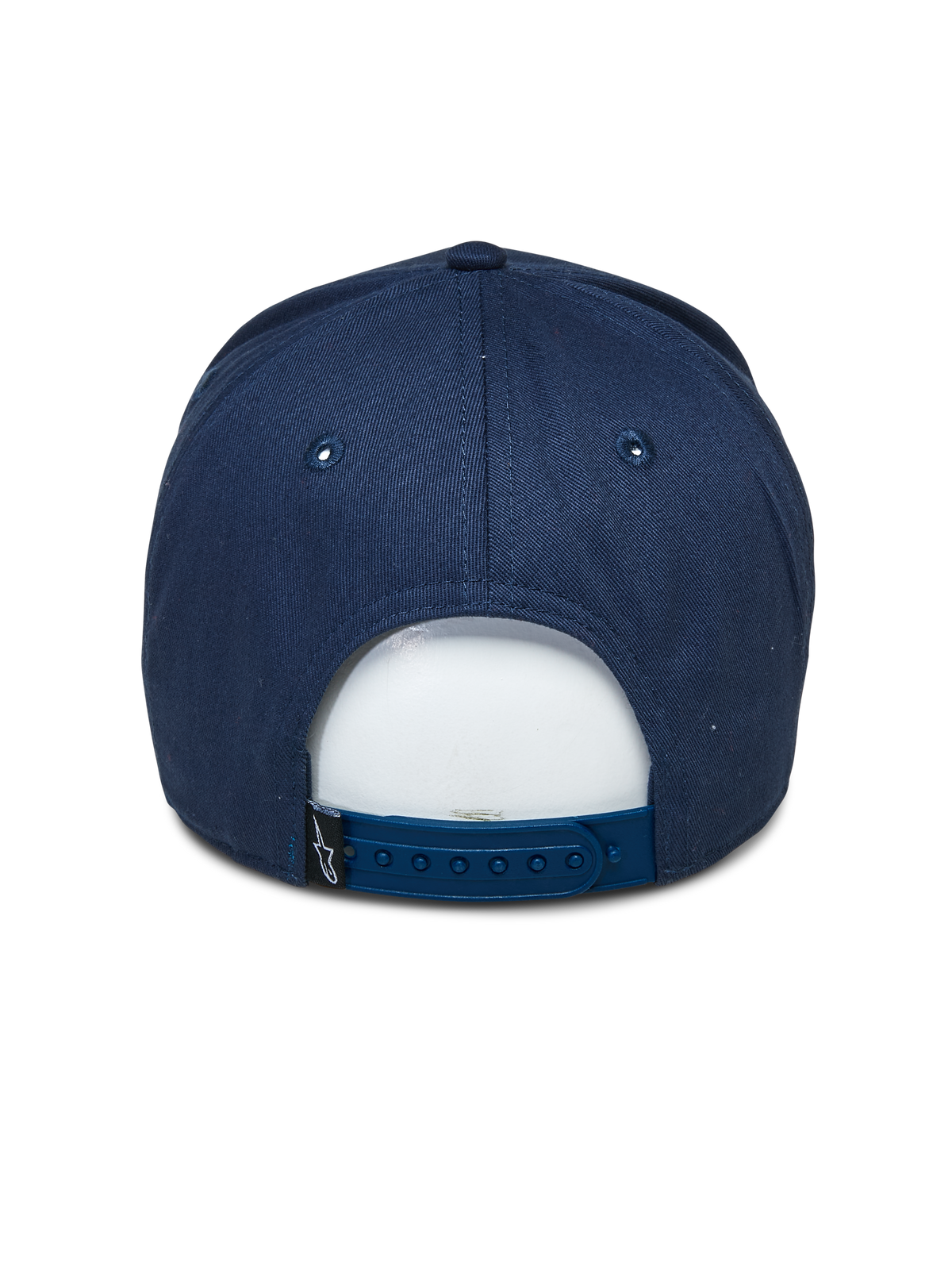 Gorra Committed de Alpinestars, azul marino, gorra de béisbol snapback, vista trasera, con cierre de plástico ajustable y una pequeña etiqueta negra con el logotipo, accesorio casual inspirado en el automovilismo