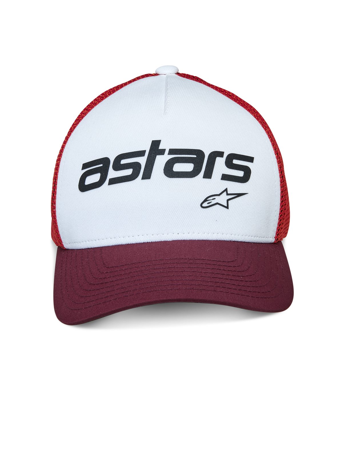 Gorra Trucker Alpinestars Vital, gorra estilo trucker, blanca, granate y naranja, con panel frontal blanco y la marca 'astars' en negro, visera curva granate y malla naranja, accesorio casual inspirado en el automovilismo