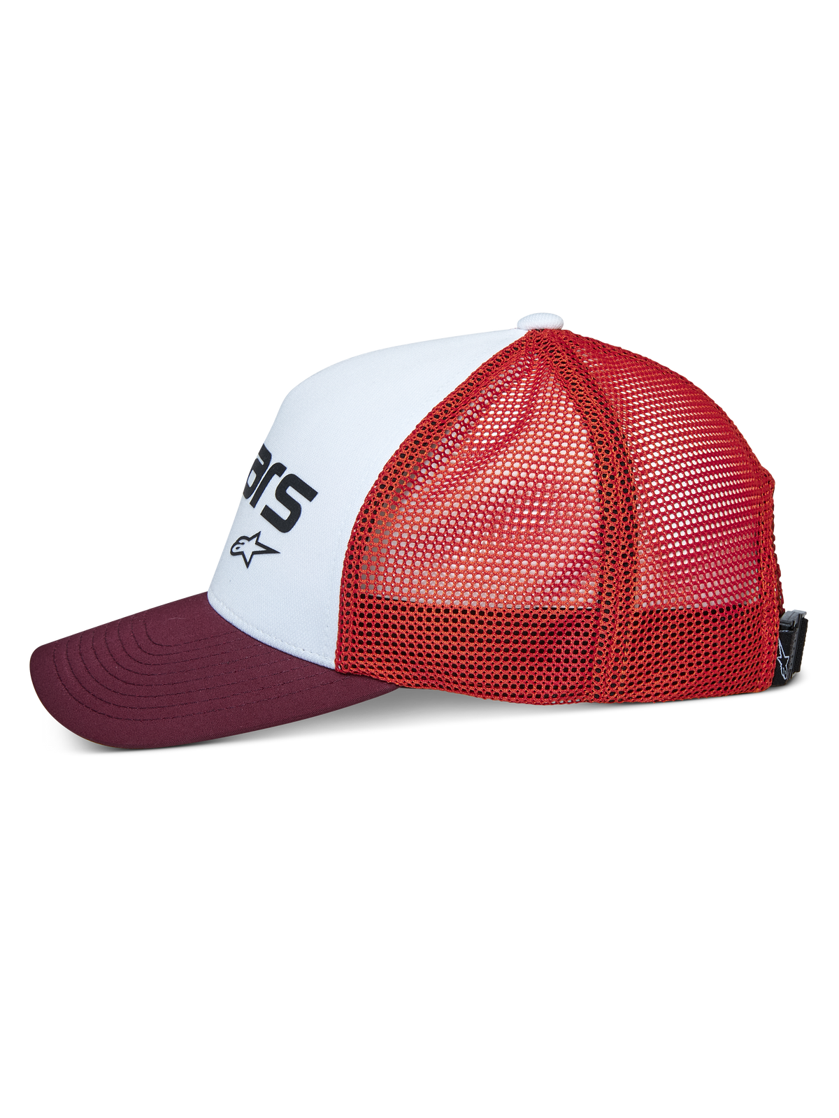 Gorra Trucker Vital de Alpinestars, vista lateral, panel frontal estructurado blanco con logotipo negro, visera curva granate y parte trasera de malla naranja, accesorio de moda deportiva casual
