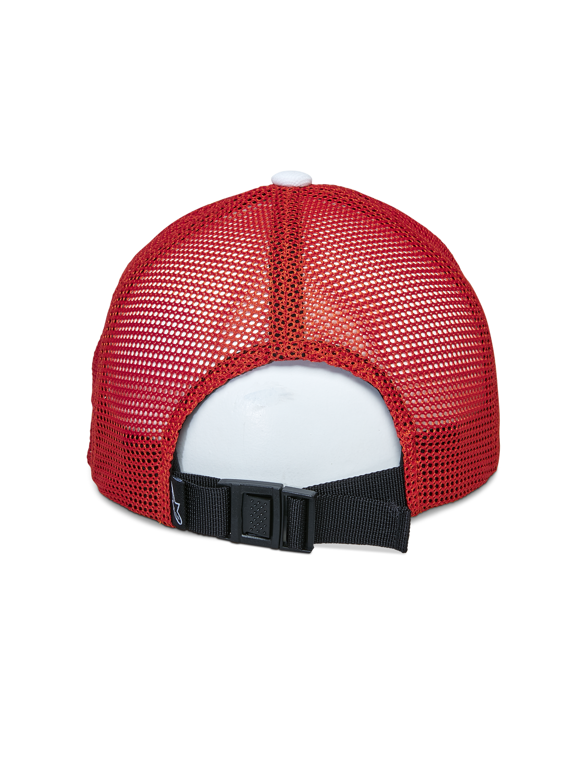 Gorra Alpinestars Vital Trucker, vista trasera, Blanco Granate Naranja, con paneles de malla roja y cierre ajustable de hebilla trasera negro, accesorio de ropa deportiva casual