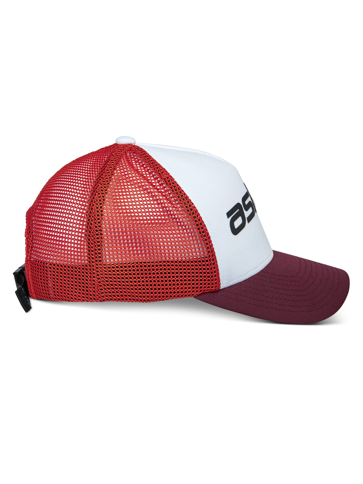 Gorra Trucker Vital de Alpinestars, gorra tipo trucker casual, blanco, granate y naranja, vista de perfil lateral con visera curva y parte trasera de malla, cierre de hebilla ajustable, corona estructurada con logo negro