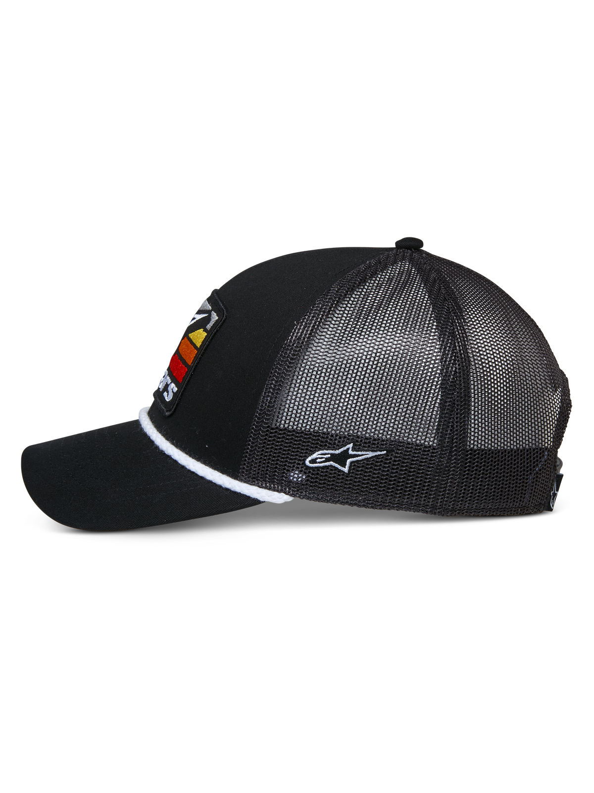 Alpinestars Selica Trucker Hat, Black, side profile showing curved bill and mesh back, white braided rope trim at the base of the crown, white side embroidered logo, casual motorsport-inspired cap