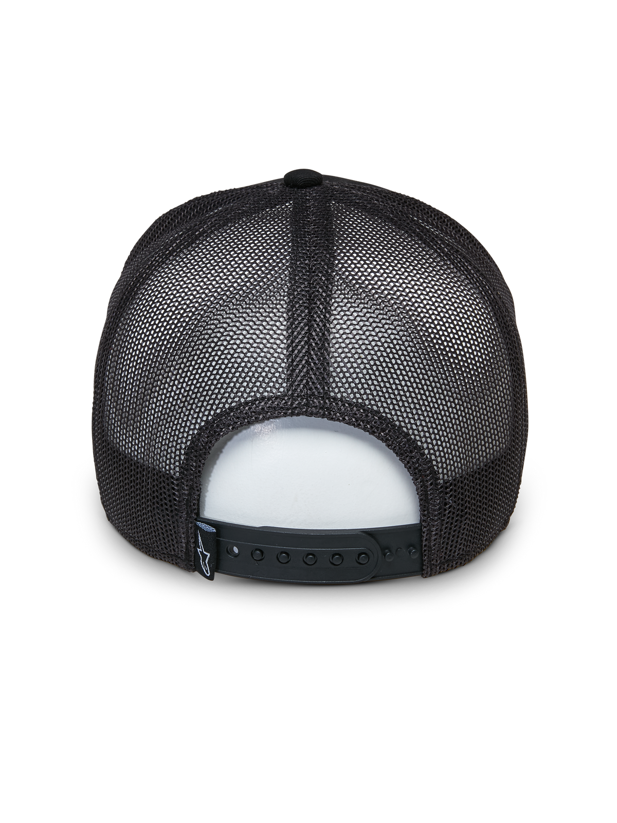 Alpinestars Selica Trucker Hat, Black, back view featuring breathable mesh panels and an adjustable snapback closure, small woven logo label, classic structured trucker design for casual wear.