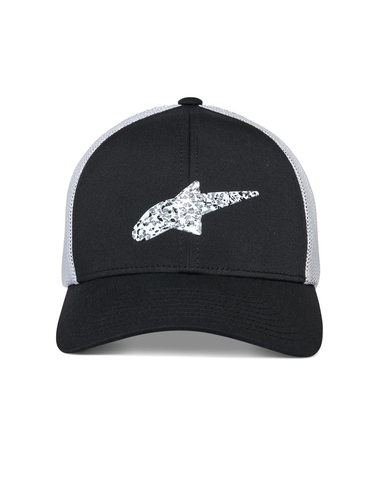 Gorra Trucker Alpinestars Terolithic, gorra de sportswear, negra con parte trasera de malla blanca, logotipo de estrella de Alpinestars blanco texturizado en la parte frontal, visera curvada y corona baja estructurada