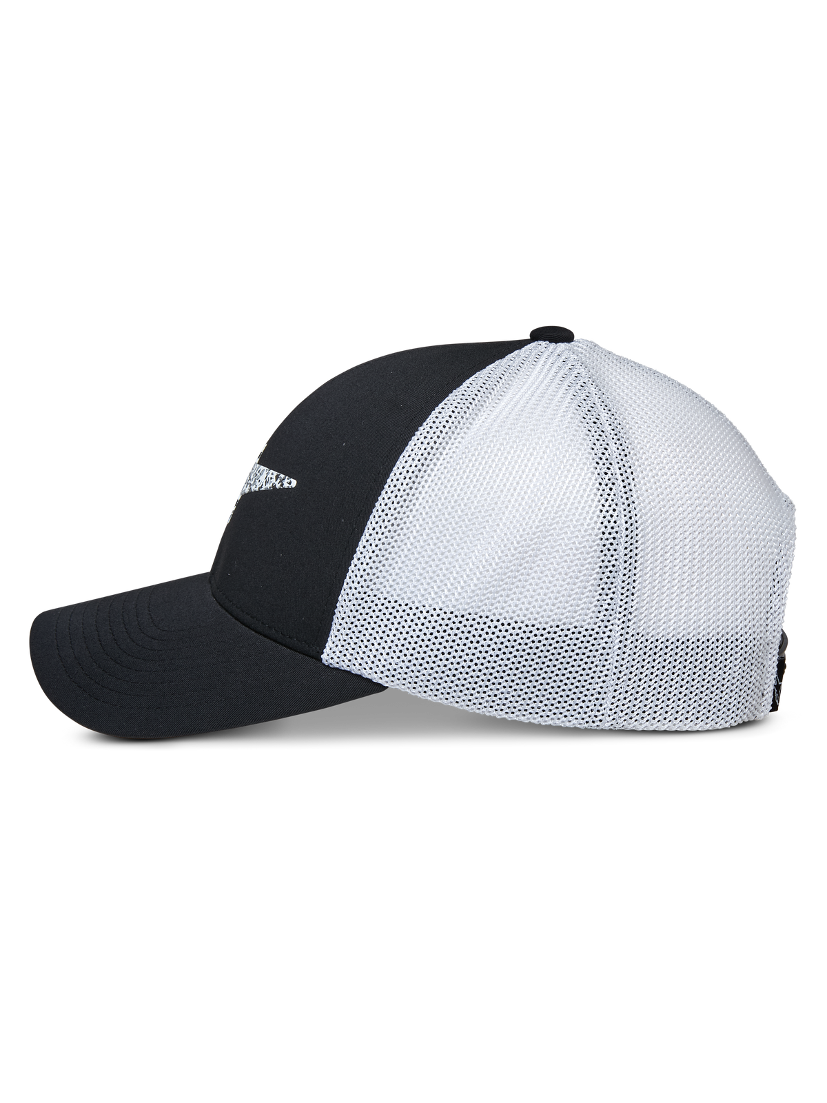 Gorra Trucker Terolithic de Alpinestars, vista de perfil lateral, paneles frontales negros y visera curva con paneles traseros de malla blanca, gorra snapback de estilo deportivo casual