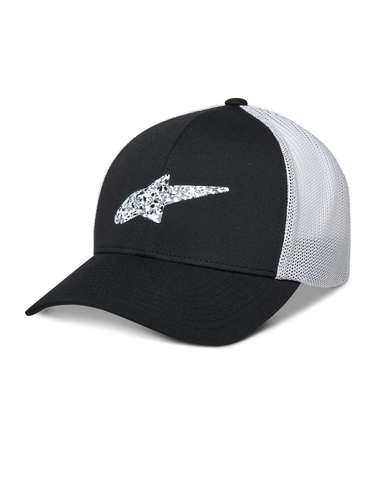 Alpinestars Terolithic Trucker Hat, gorra de béisbol negra y blanca, visera curva con logotipo de estrella en TPU con diseño, panel trasero de malla transpirable blanca, diseño de corona baja estructurada