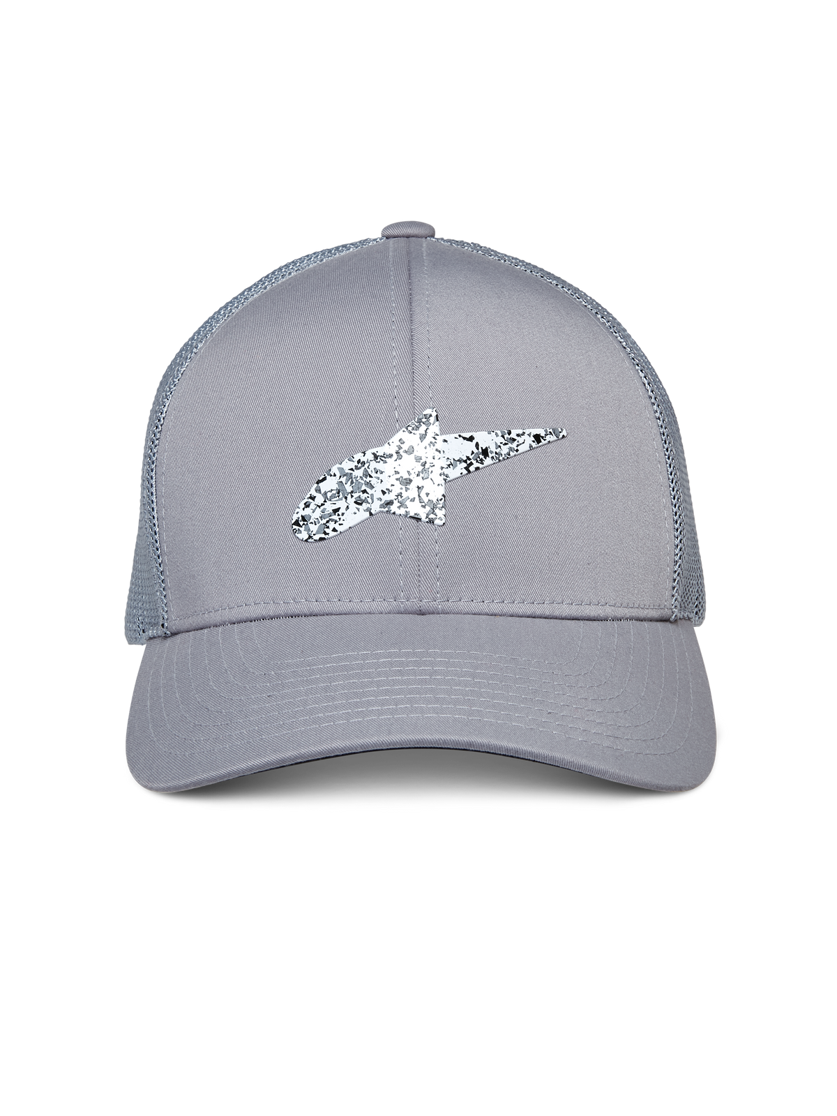 Gorra Trucker Alpinestars Terolithic, gris, con un logotipo Astar moteado en blanco y negro, visera curvada y parte trasera de malla, accesorio casual inspirado en el automovilismo