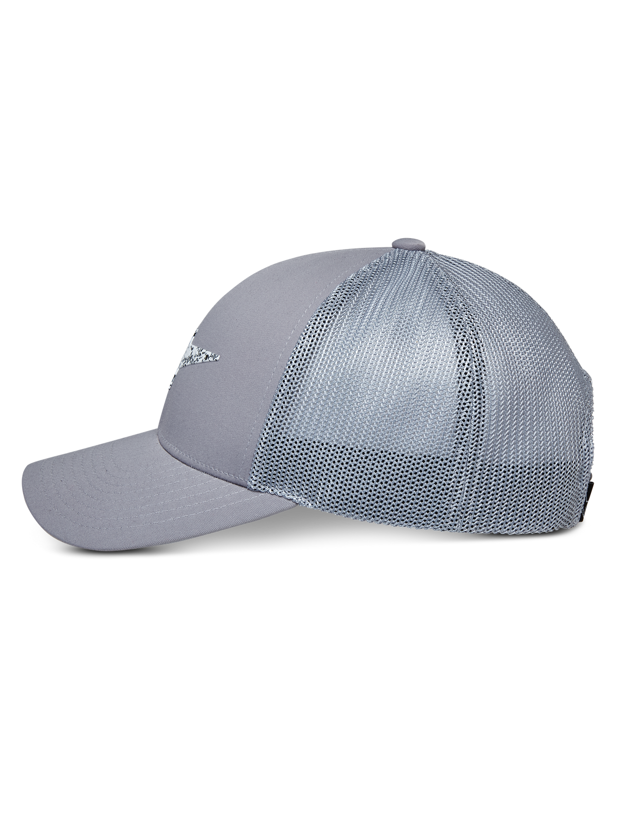 Gorra Alpinestars Terolithic Trucker, gris, gorra tipo trucker con parte trasera de malla y visera curva, vista de perfil lateral, corona baja estructurada con detalle de logotipo frontal, accesorio casual inspirado en el automovilismo
