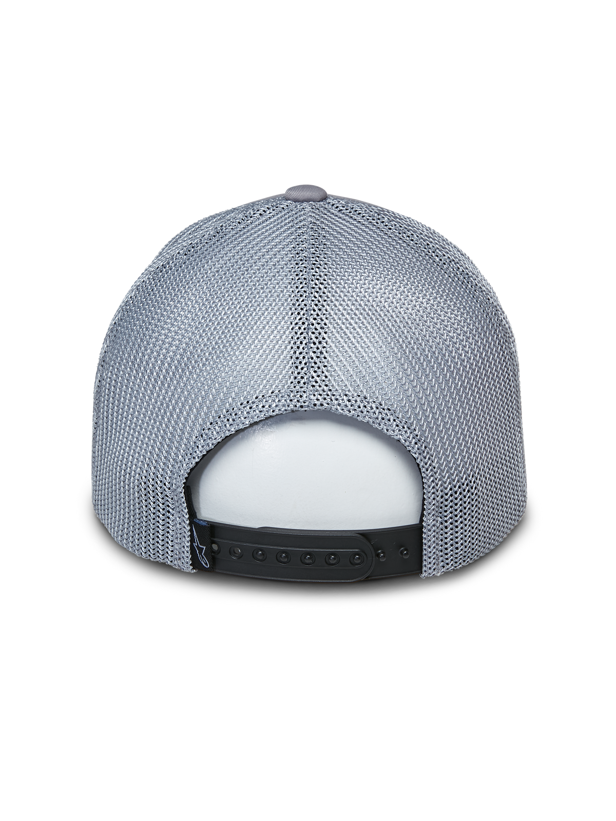Gorra Trucker Alpinestars Terolithic, gorra gris estilo trucker, vista trasera con paneles de malla gris y cierre snapback negro, accesorio casual inspirado en el motor