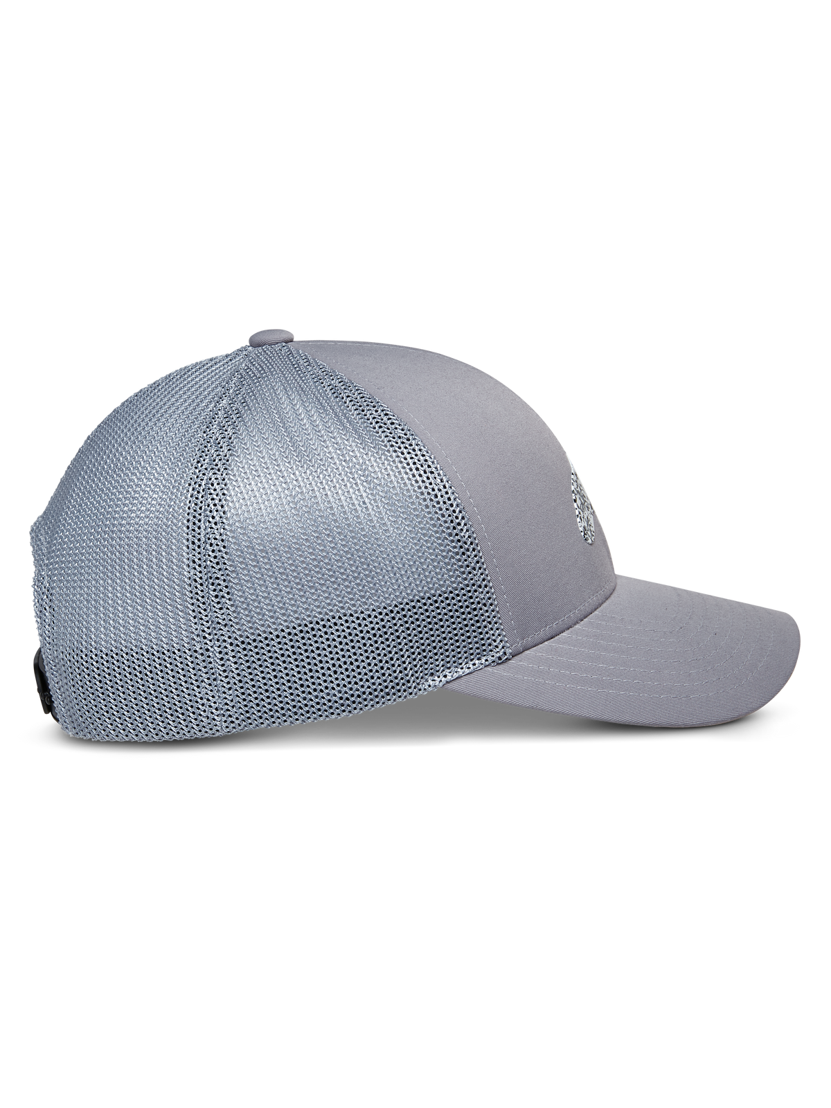Gorra Trucker Terolithic de Alpinestars, gris, vista de perfil lateral con visera curvada y paneles traseros de malla, corona baja estructurada, diseño deportivo casual